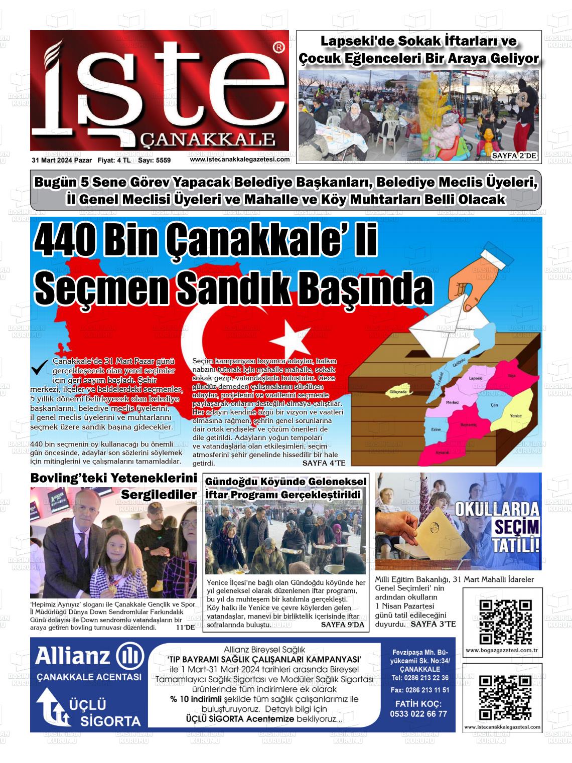 31 Mart 2024 İşte Çanakkale Gazete Manşeti