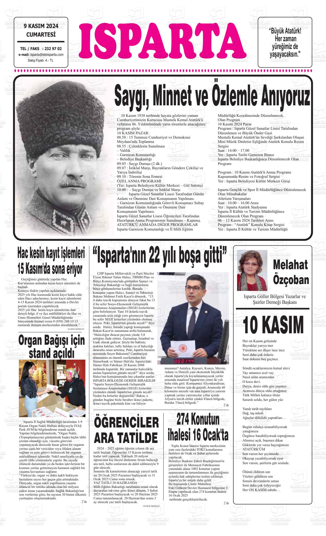 09 Kasım 2024 Isparta Gazete Manşeti