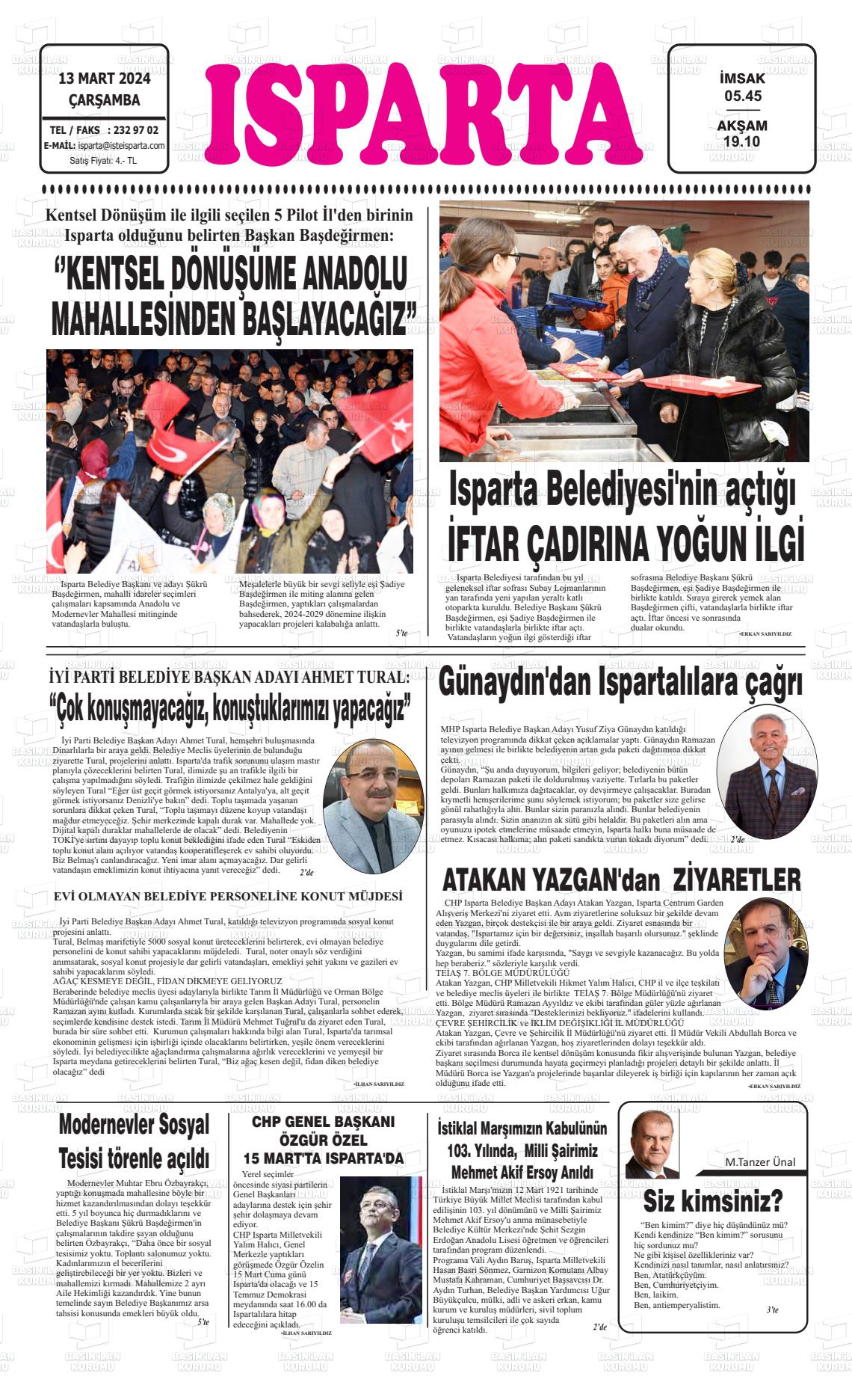 13 Mart 2024 Isparta Gazete Manşeti