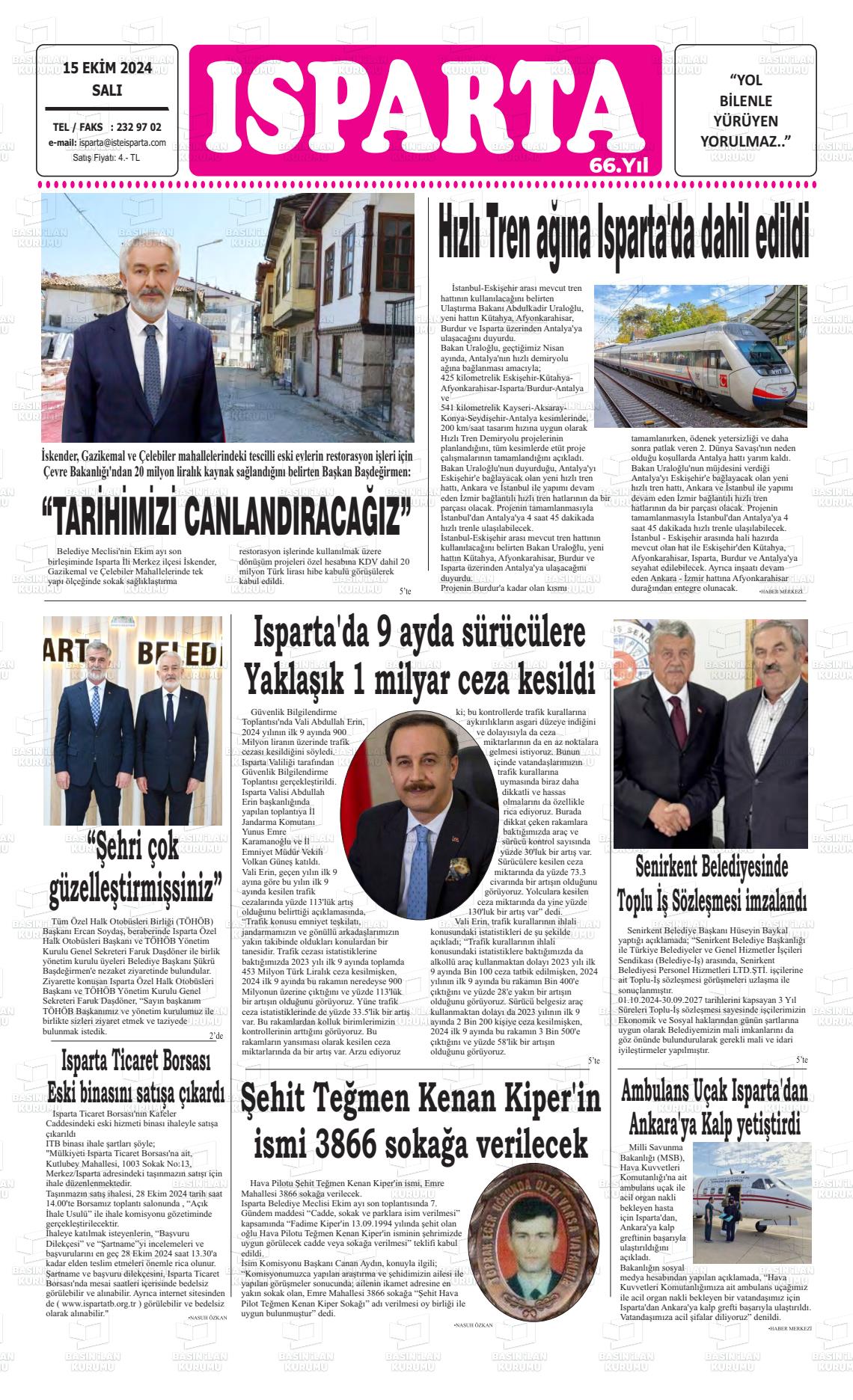 15 Ekim 2024 Isparta Gazete Manşeti