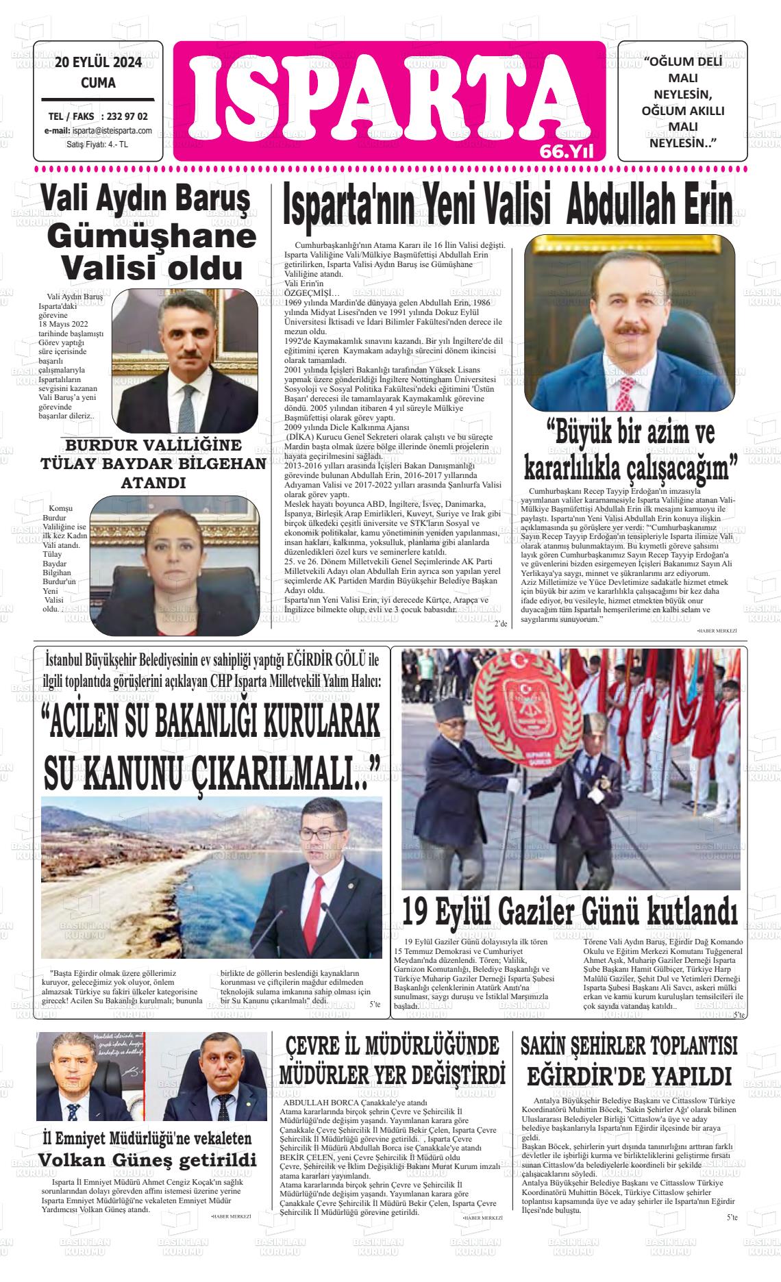 20 Eylül 2024 Isparta Gazete Manşeti