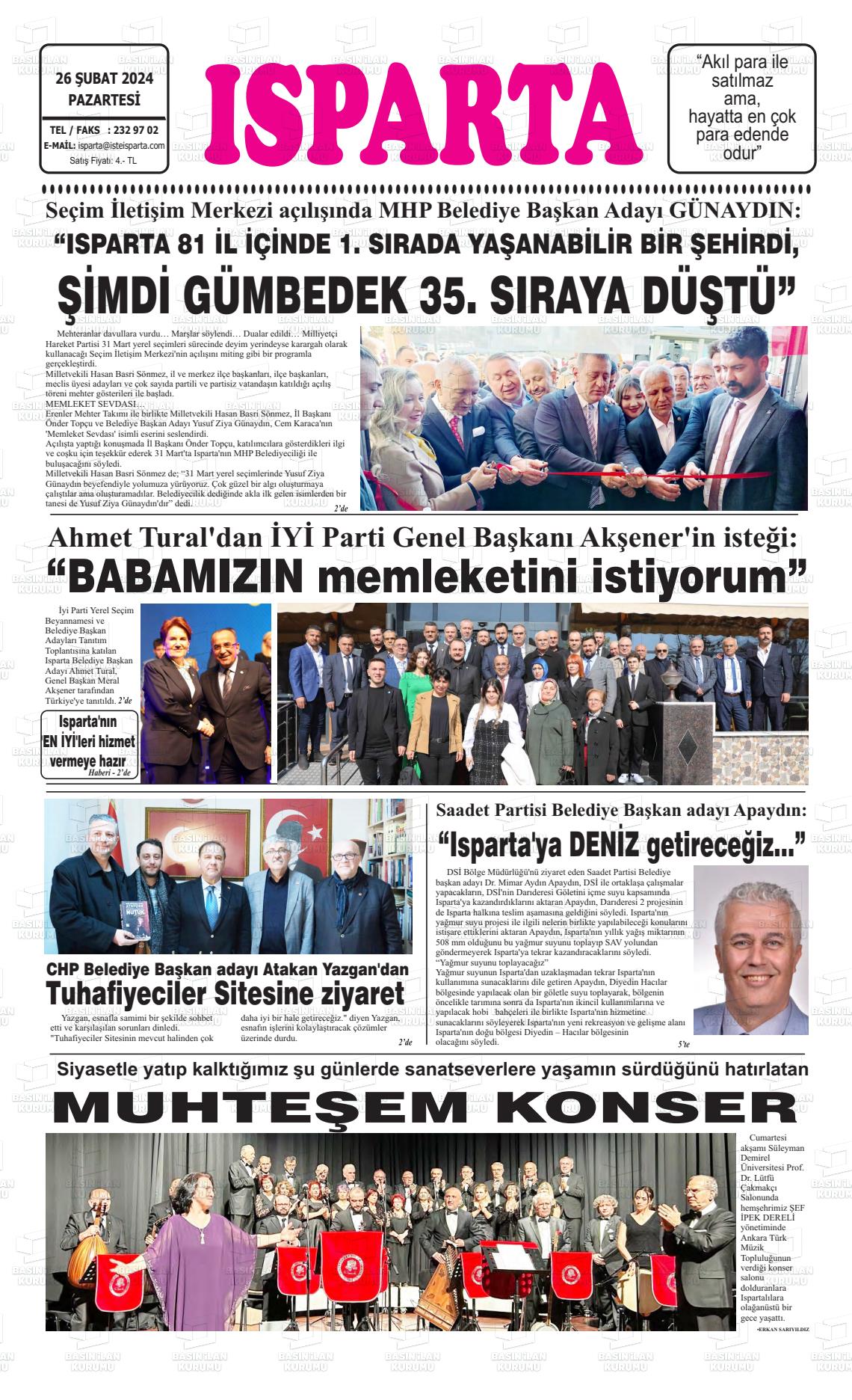 26 Şubat 2024 Isparta Gazete Manşeti