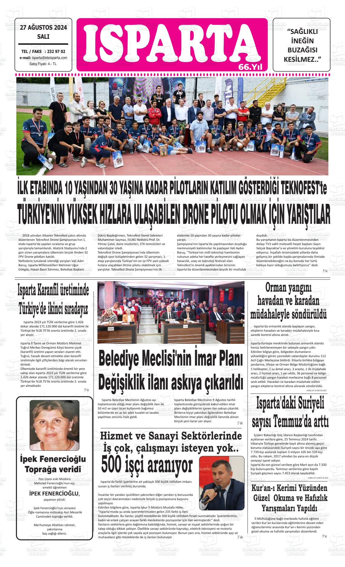 27 Ağustos 2024 Isparta Gazete Manşeti