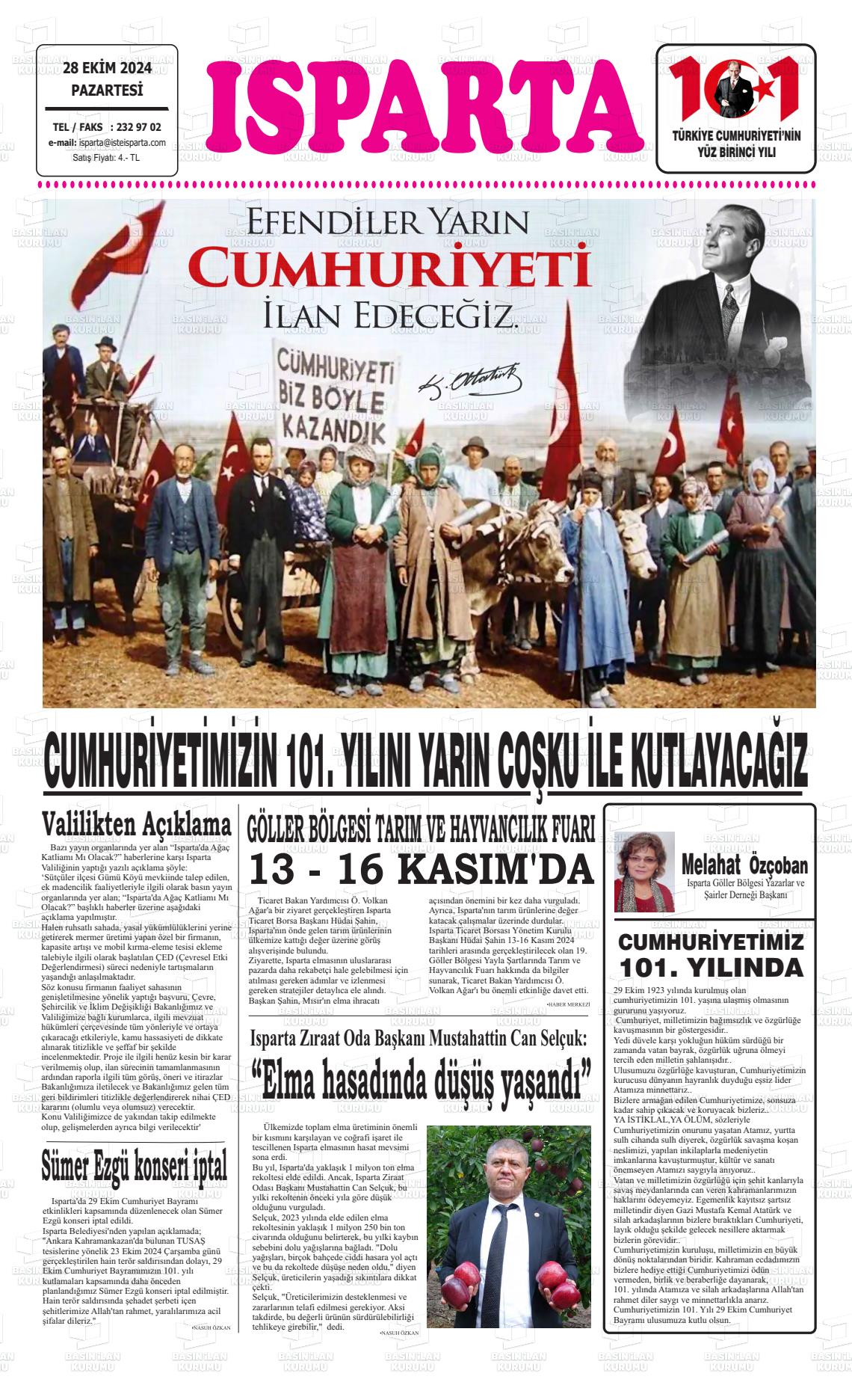 28 Ekim 2024 Isparta Gazete Manşeti