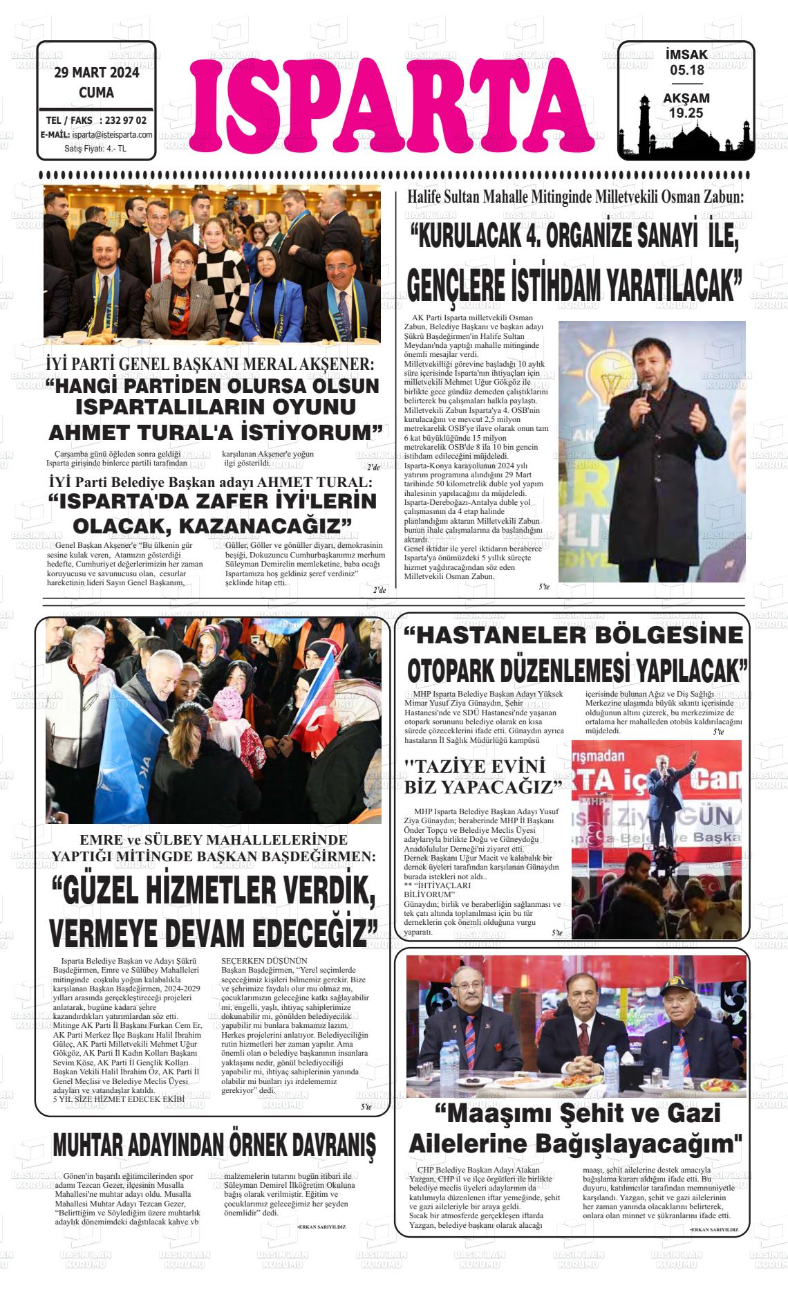 29 Mart 2024 Isparta Gazete Manşeti