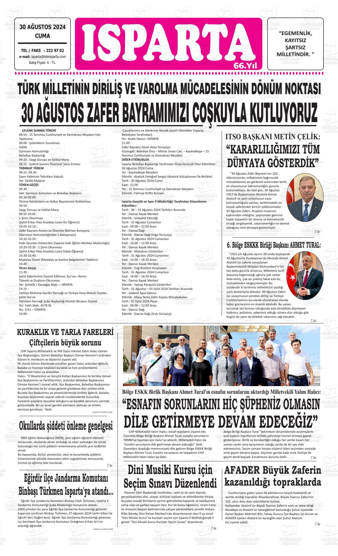 30 Ağustos 2024 Isparta Gazete Manşeti