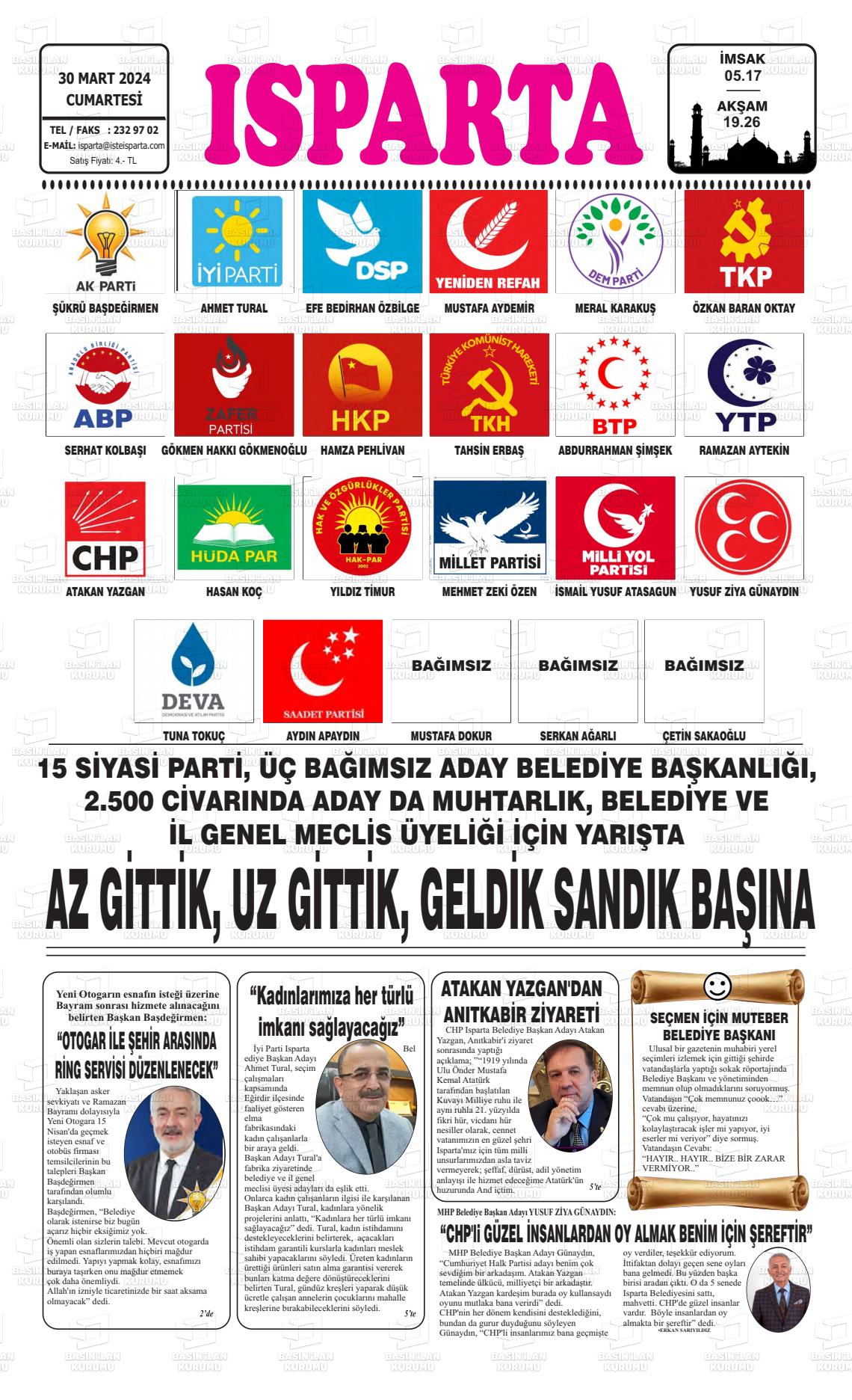 30 Mart 2024 Isparta Gazete Manşeti