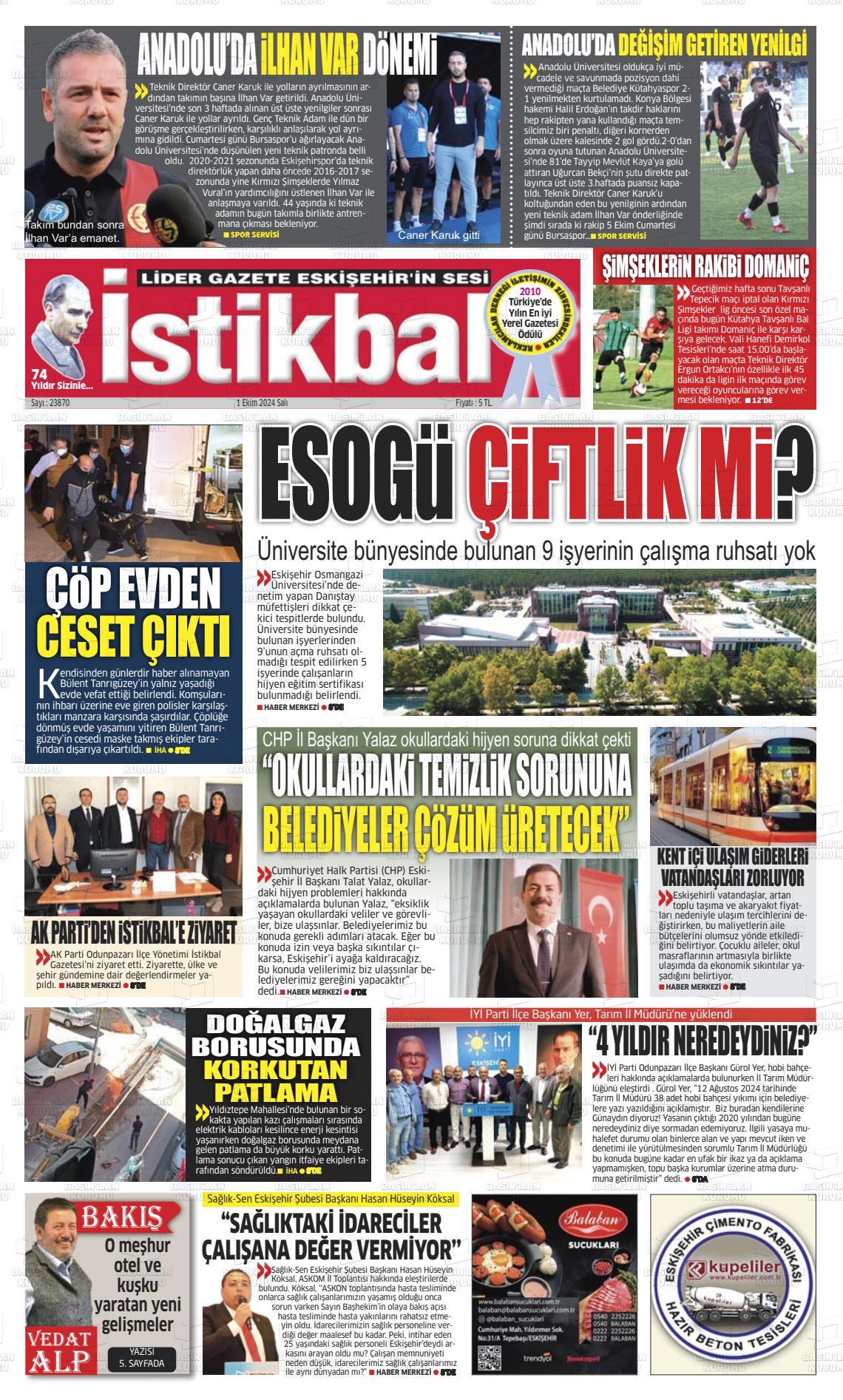 01 Ekim 2024 İstikbal Gazete Manşeti