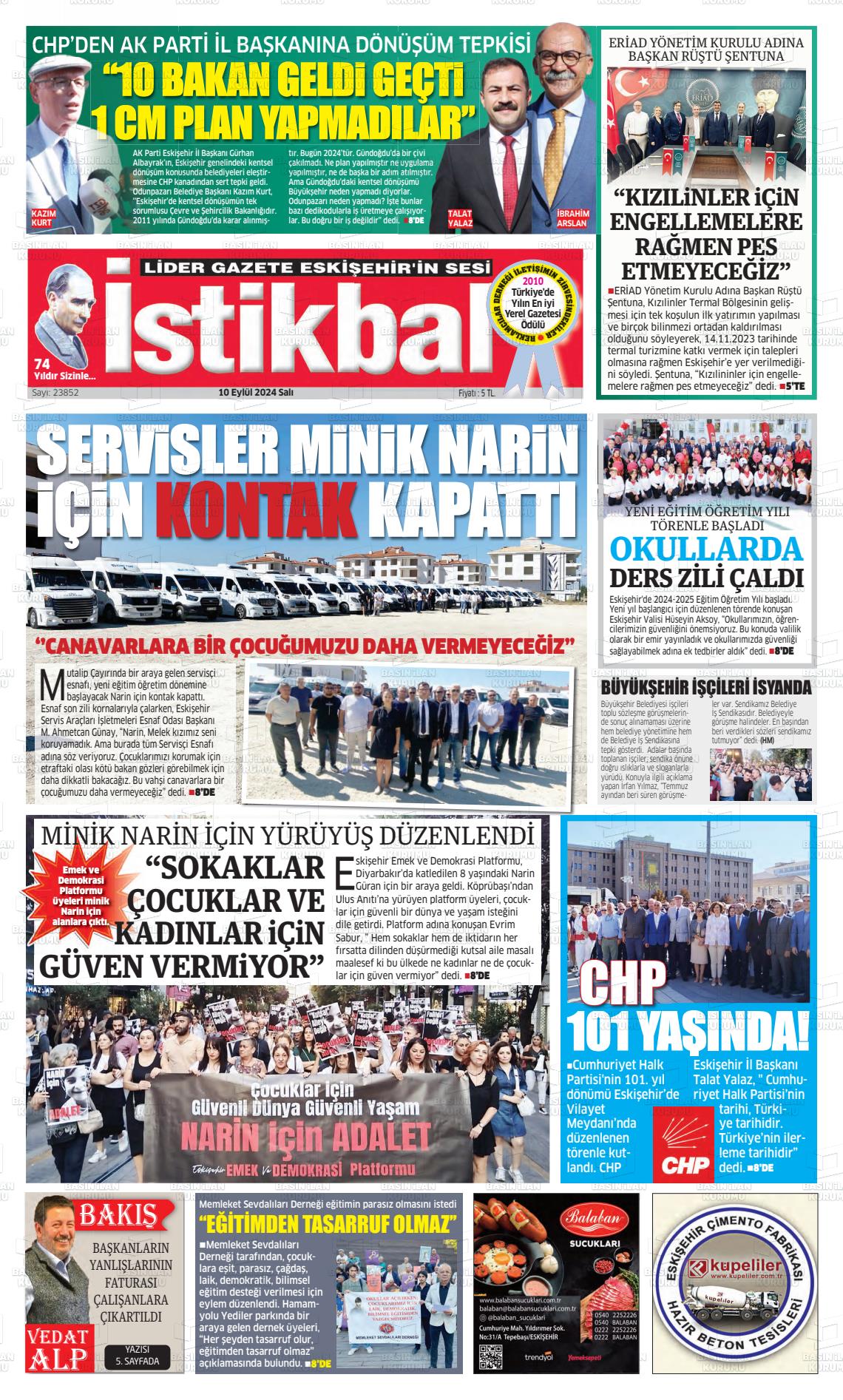 10 Eylül 2024 İstikbal Gazete Manşeti