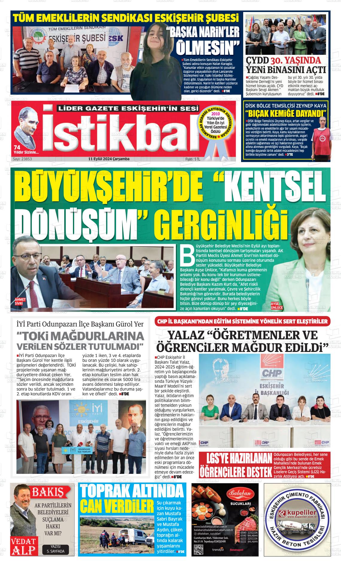 11 Eylül 2024 İstikbal Gazete Manşeti