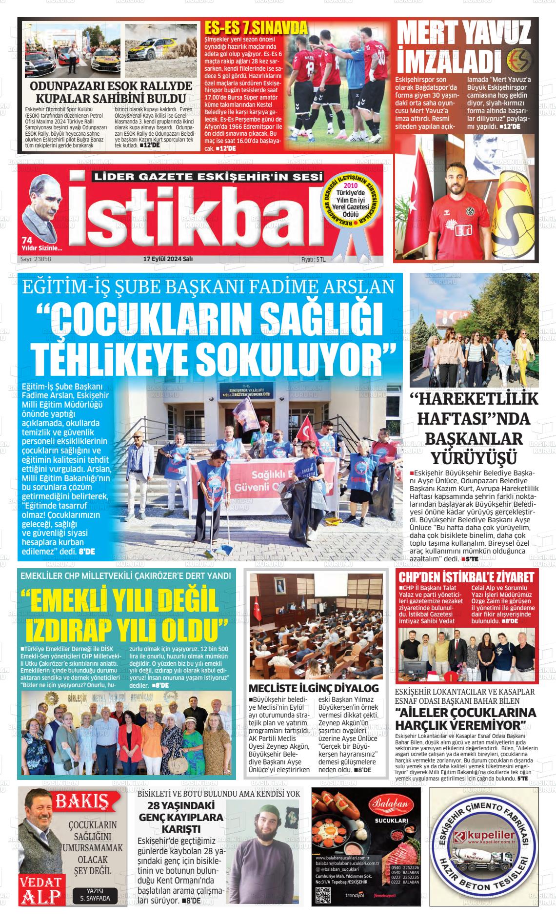 17 Eylül 2024 İstikbal Gazete Manşeti