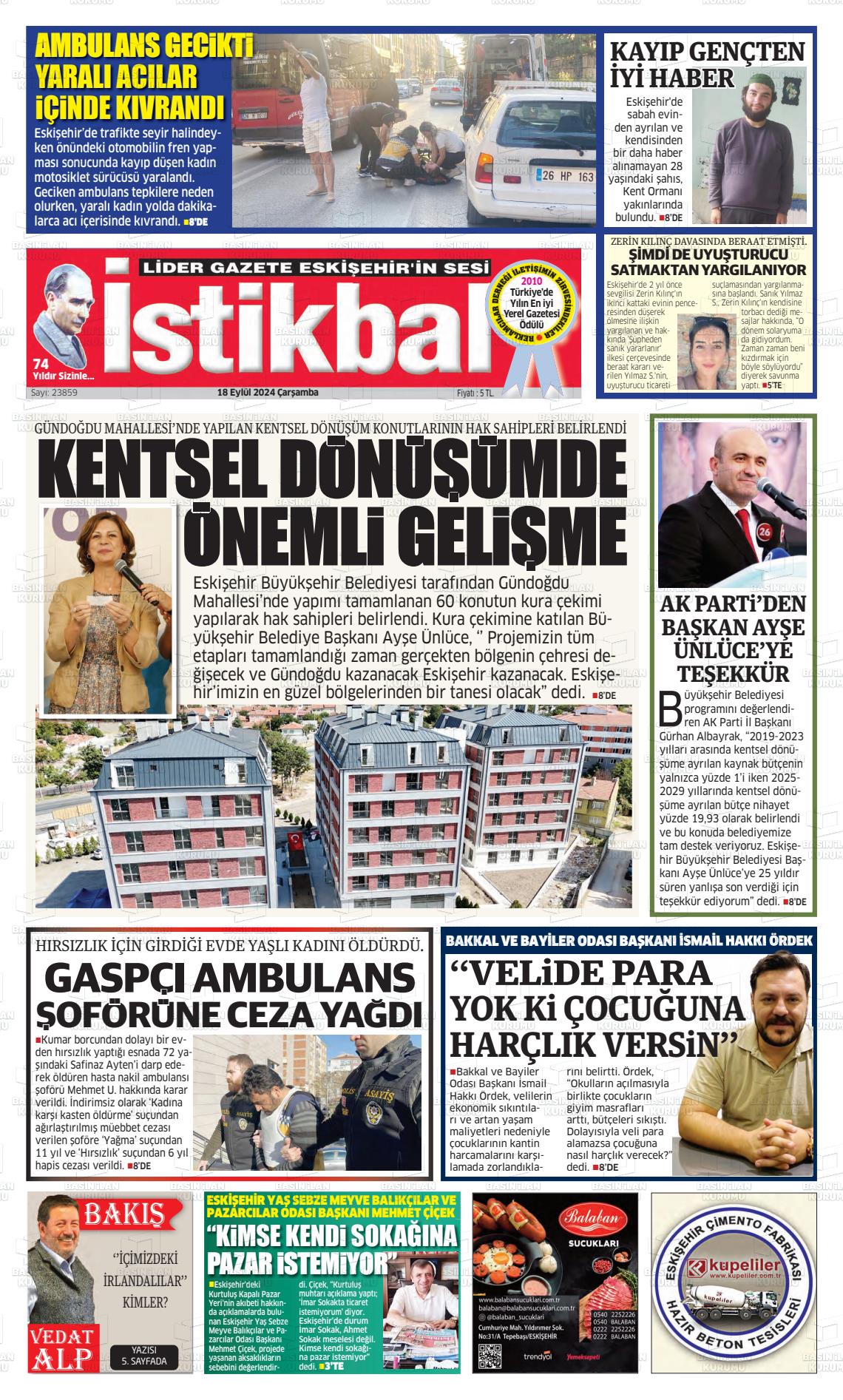 18 Eylül 2024 İstikbal Gazete Manşeti