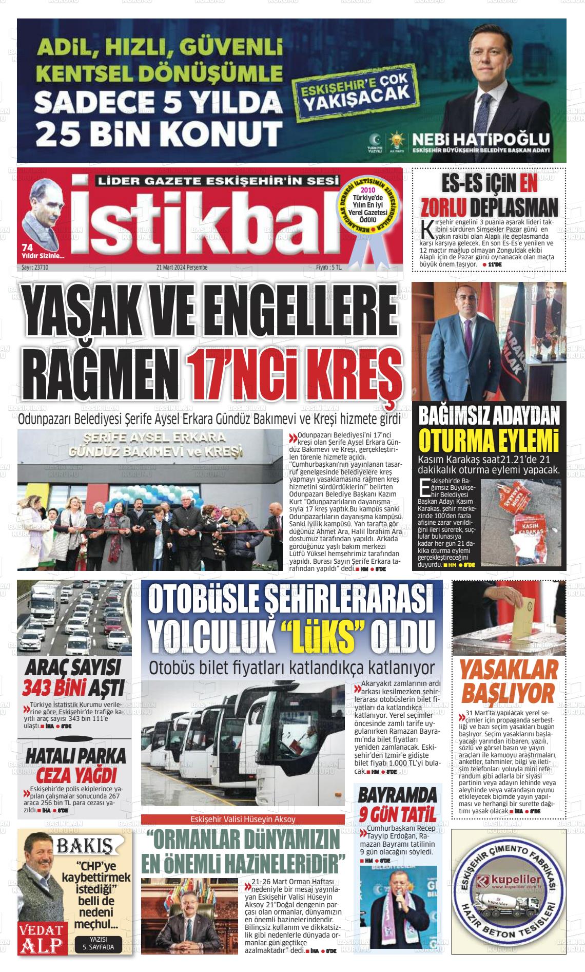 21 Mart 2024 İstikbal Gazete Manşeti