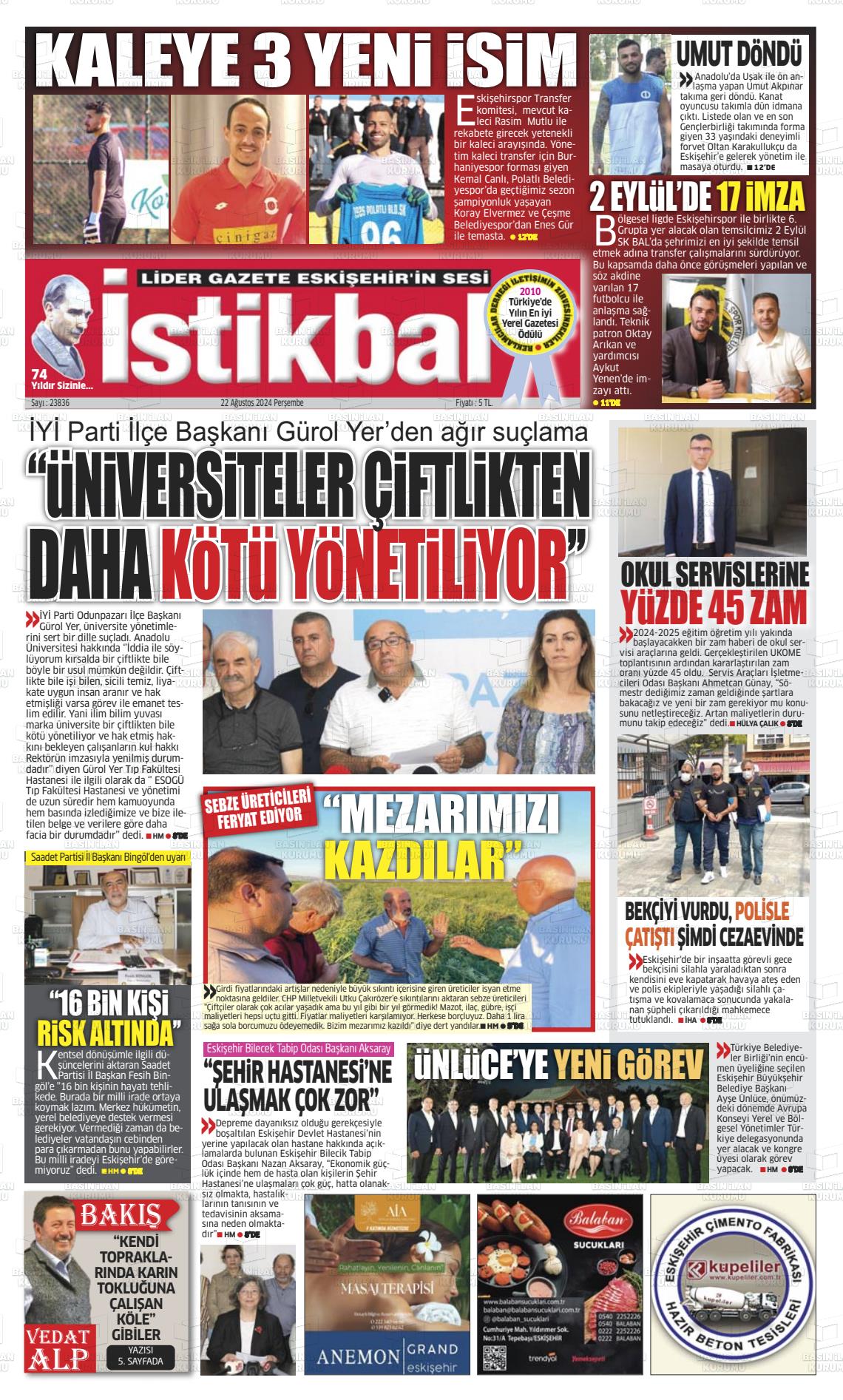 22 Ağustos 2024 İstikbal Gazete Manşeti