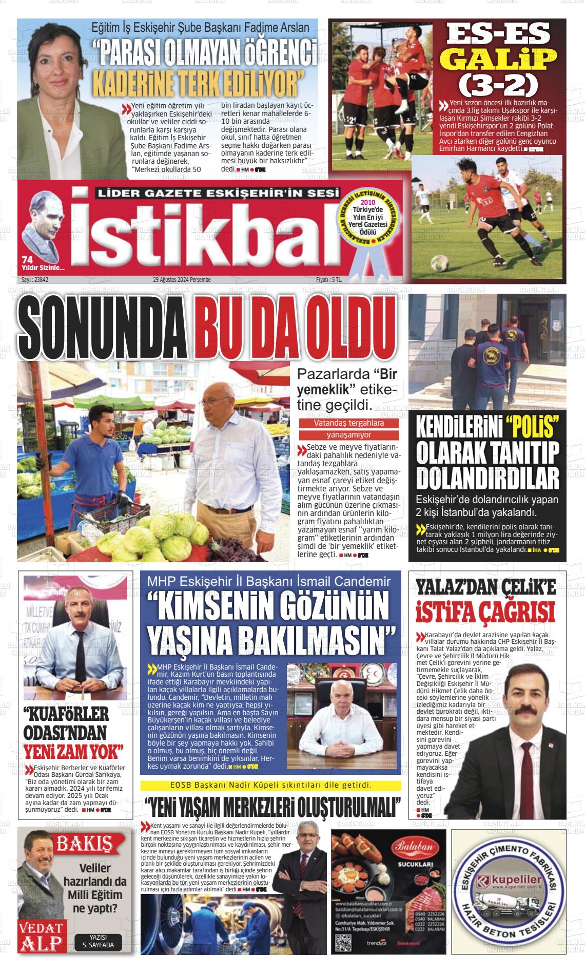 29 Ağustos 2024 İstikbal Gazete Manşeti