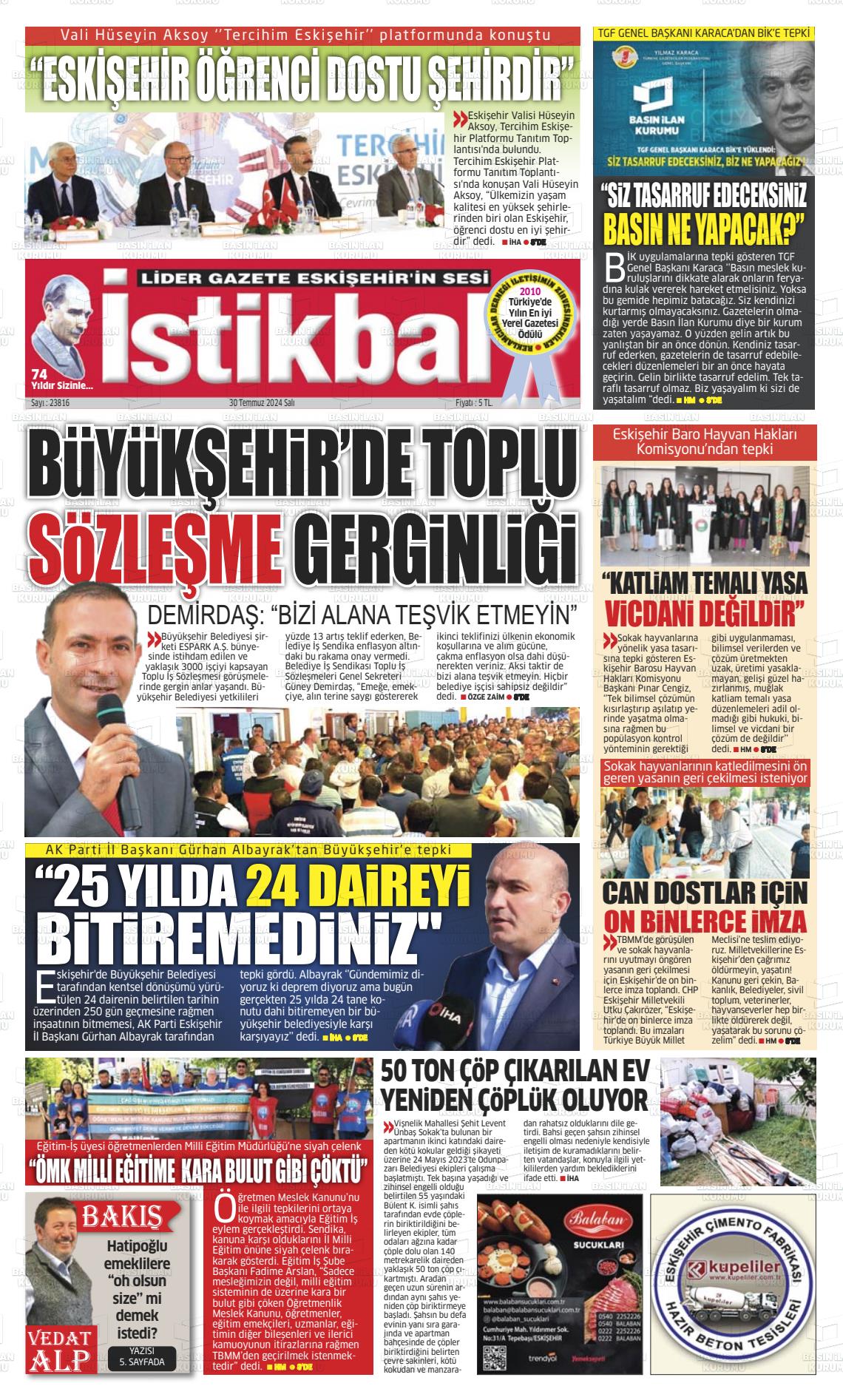 30 Temmuz 2024 İstikbal Gazete Manşeti