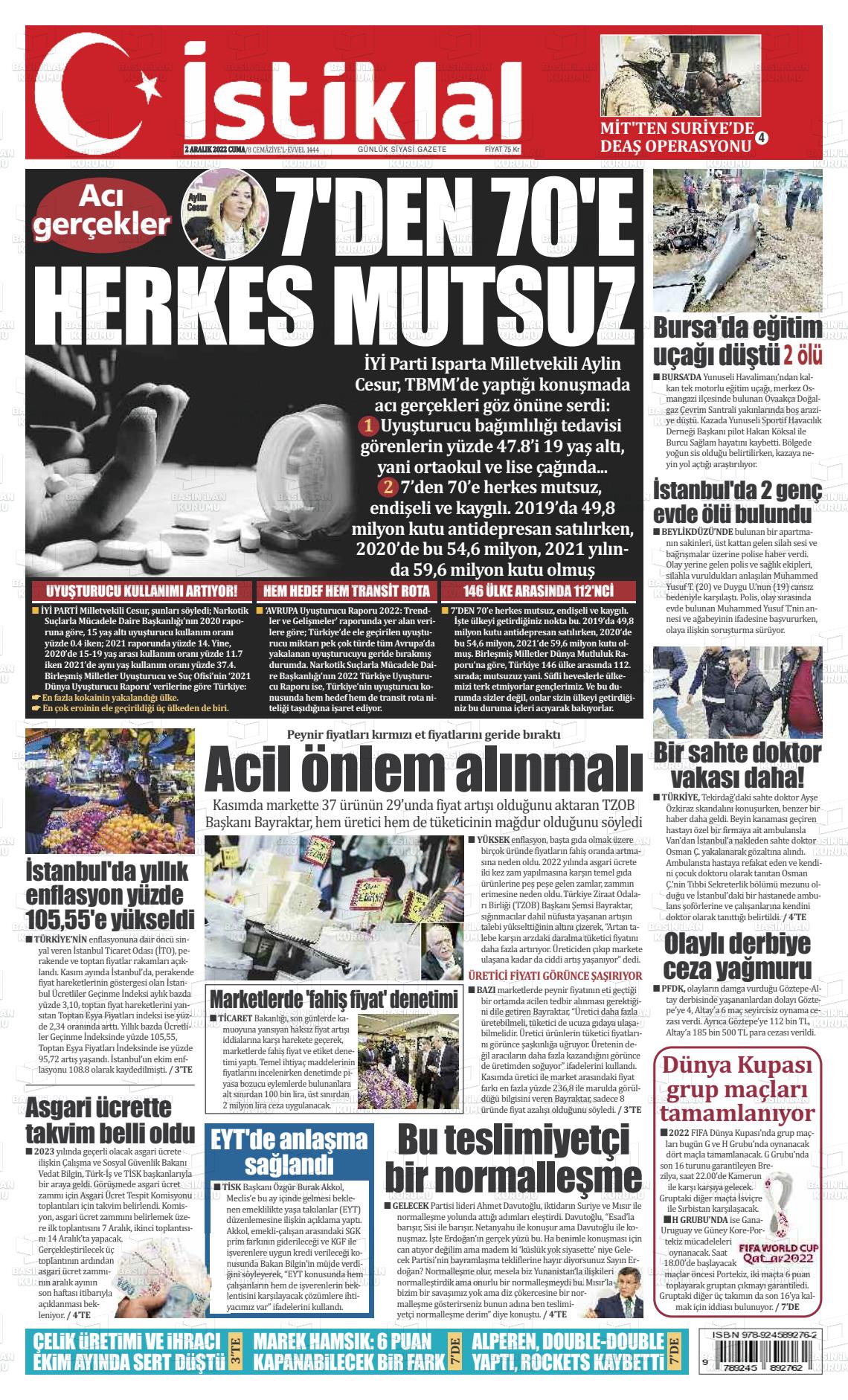 02 Aralık 2022 İstiklal  Fatih Gazete Manşeti