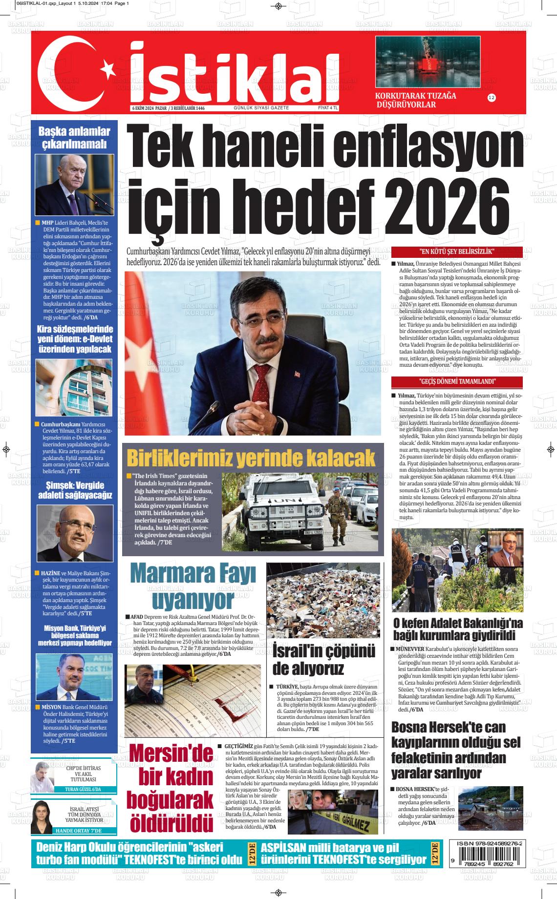 06 Ekim 2024 İstiklal  Fatih Gazete Manşeti