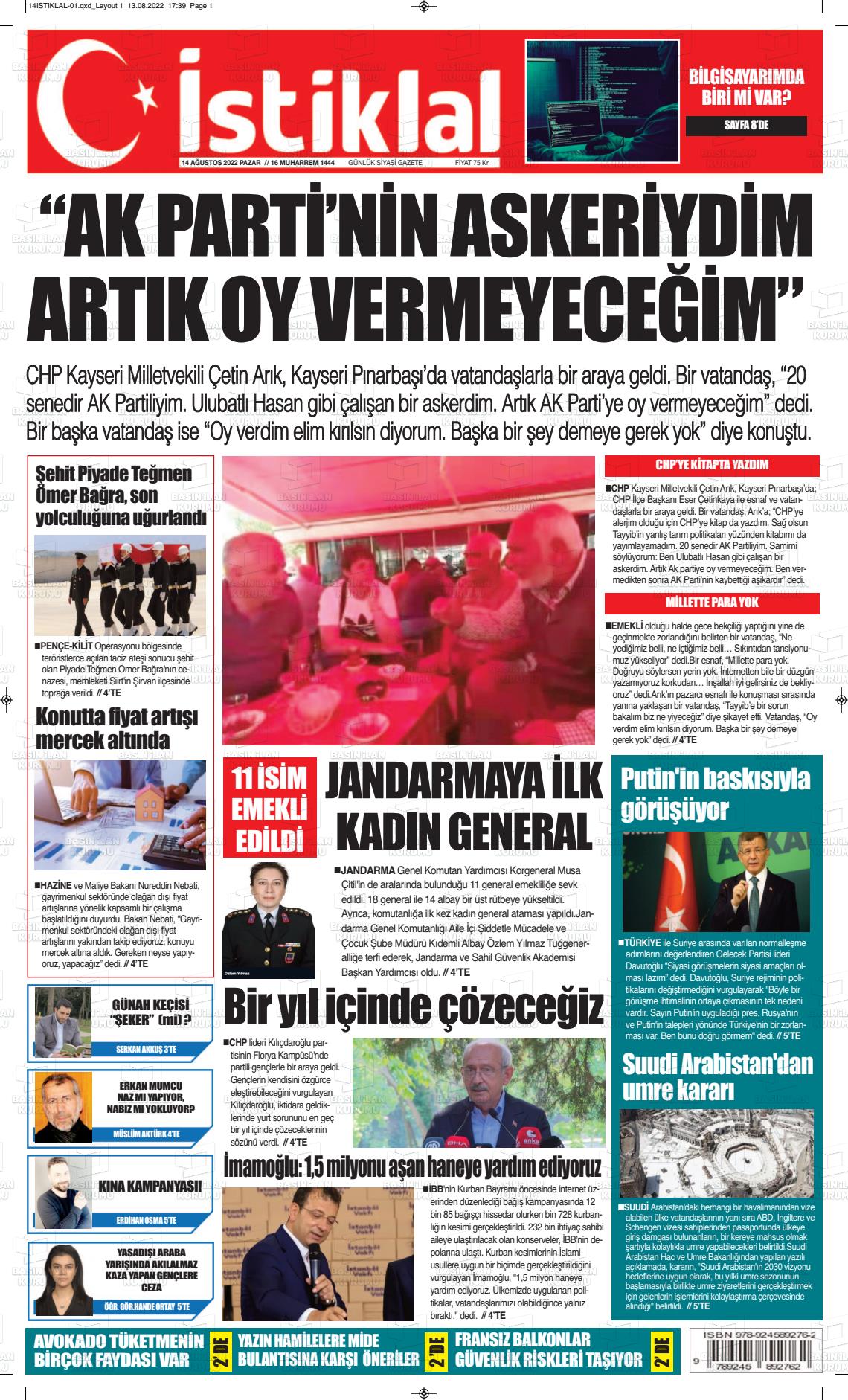 14 Ağustos 2022 İstiklal  Fatih Gazete Manşeti