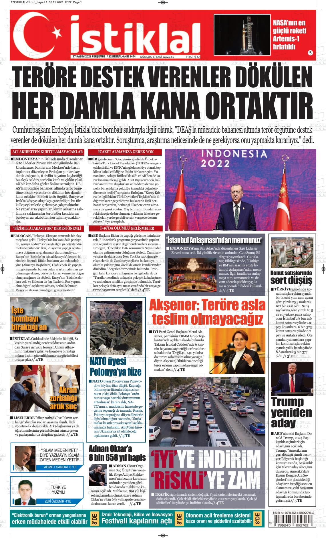 17 Kasım 2022 İstiklal  Fatih Gazete Manşeti