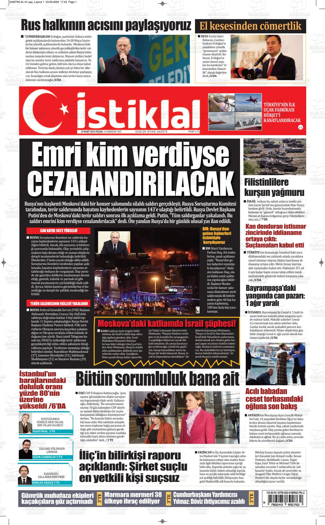 24 Mart 2024 İstiklal  Fatih Gazete Manşeti