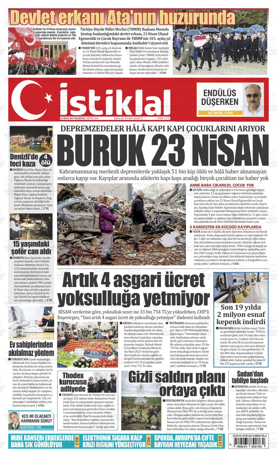 24 Nisan 2023 İstiklal  Fatih Gazete Manşeti