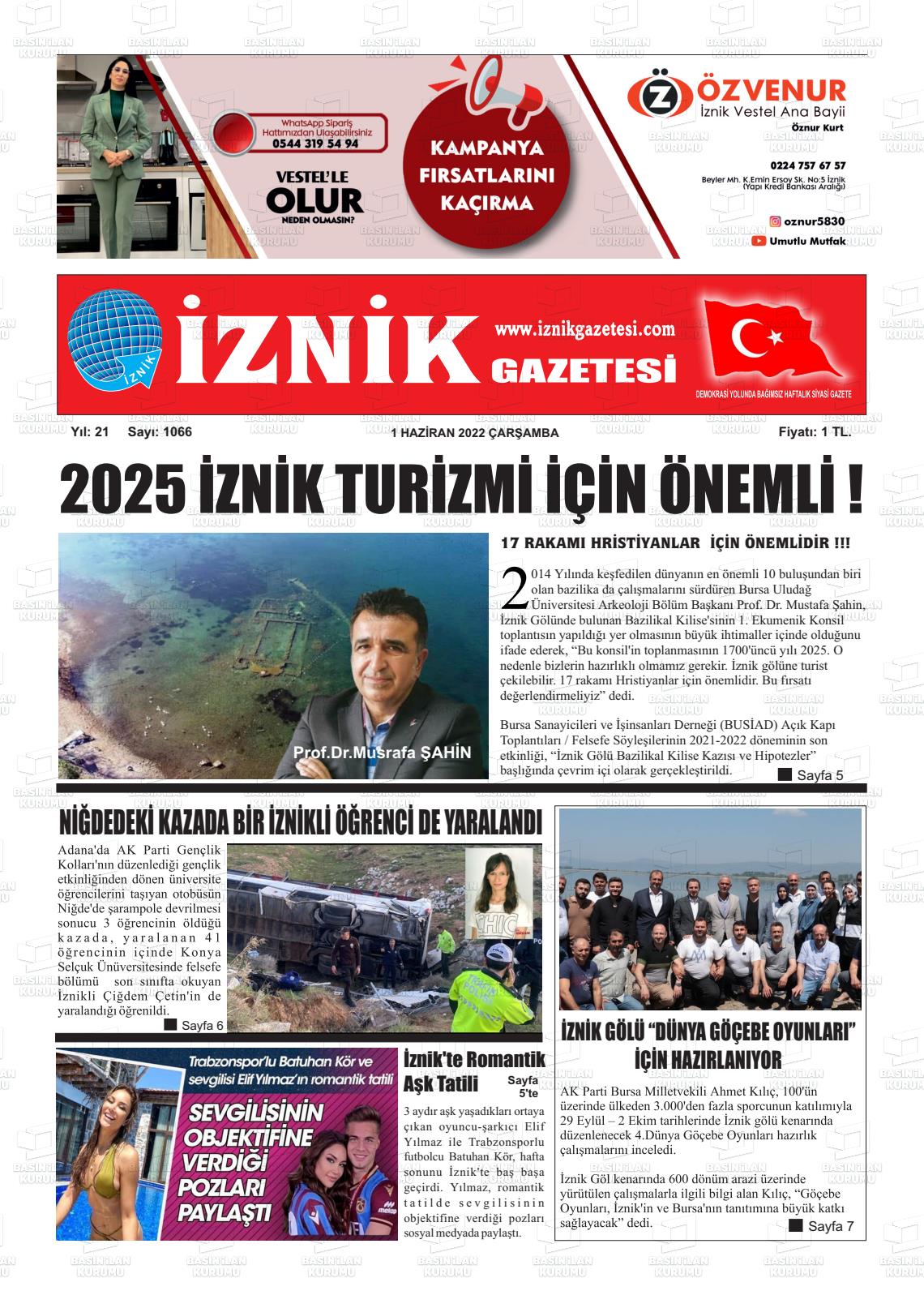 01 Haziran 2022 İznik Gazete Manşeti