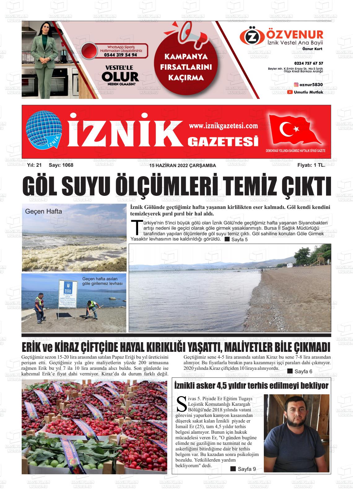 15 Haziran 2022 İznik Gazete Manşeti