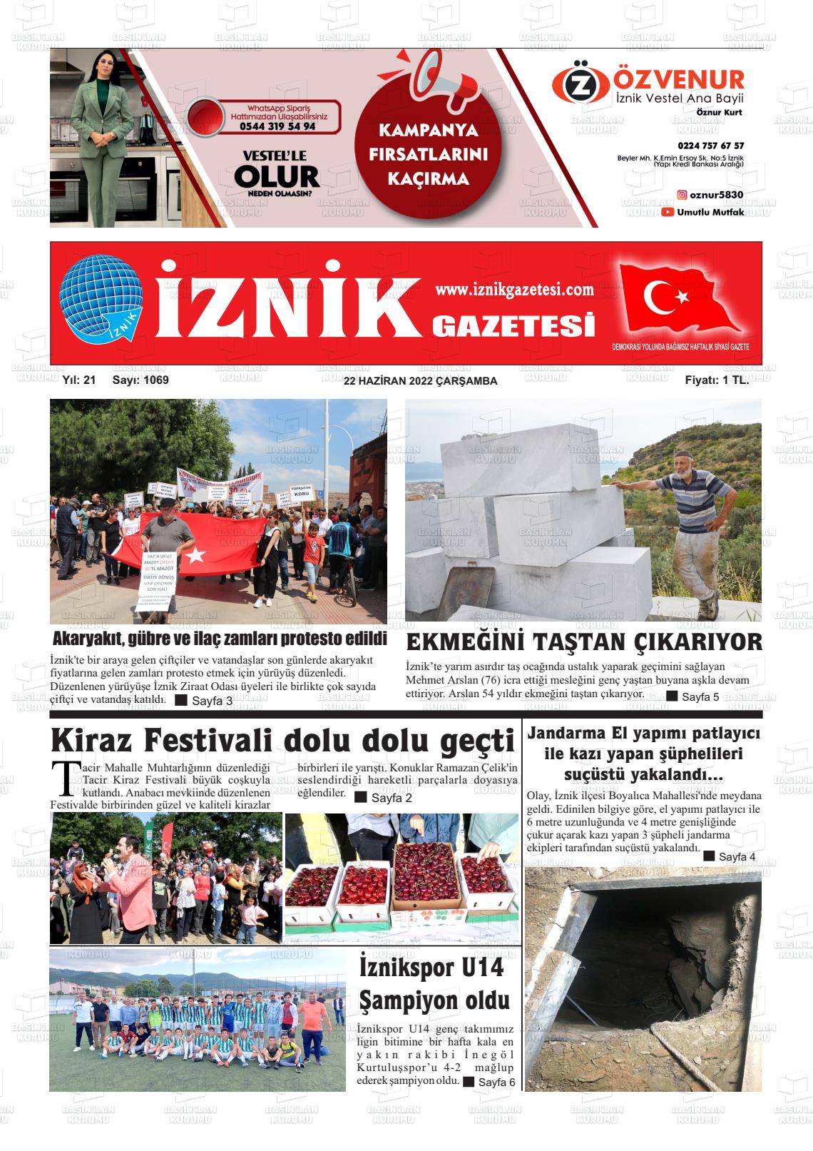 22 Haziran 2022 İznik Gazete Manşeti