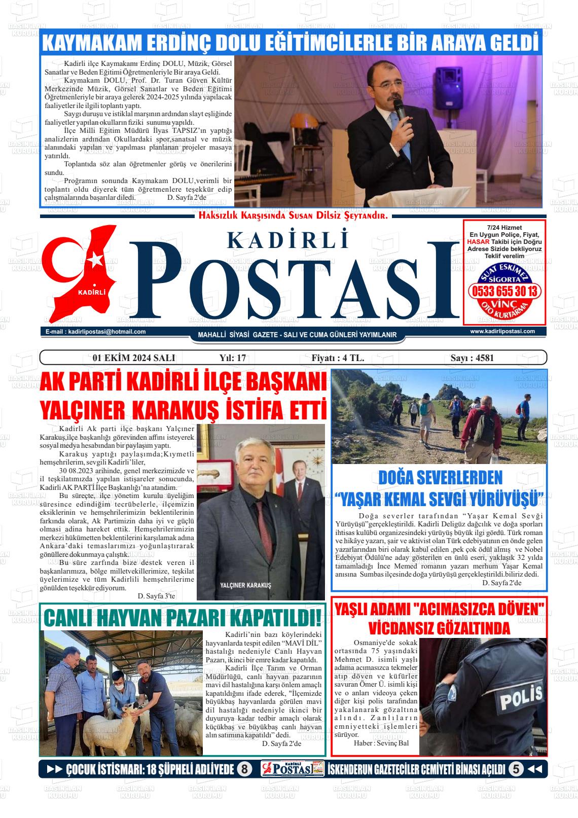 01 Ekim 2024 Kadirli Postası Gazete Manşeti