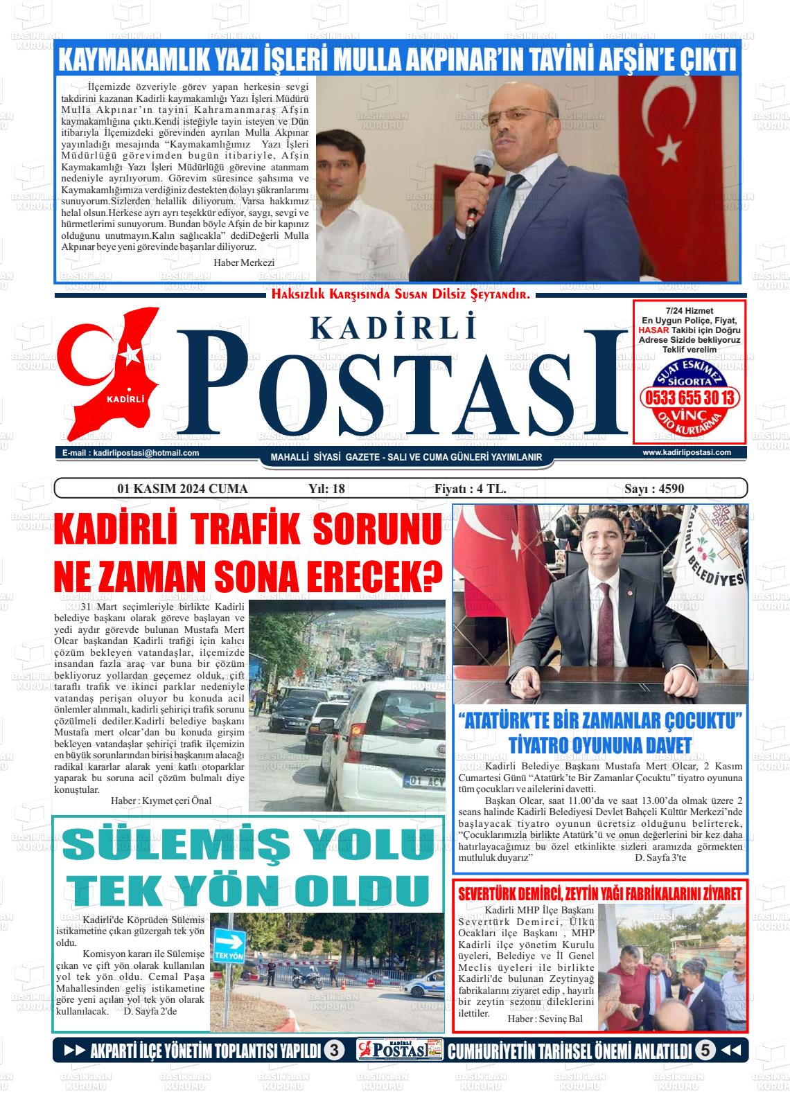 01 Kasım 2024 Kadirli Postası Gazete Manşeti