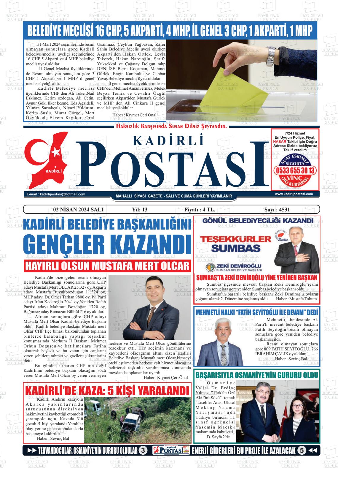 02 Nisan 2024 Kadirli Postası Gazete Manşeti