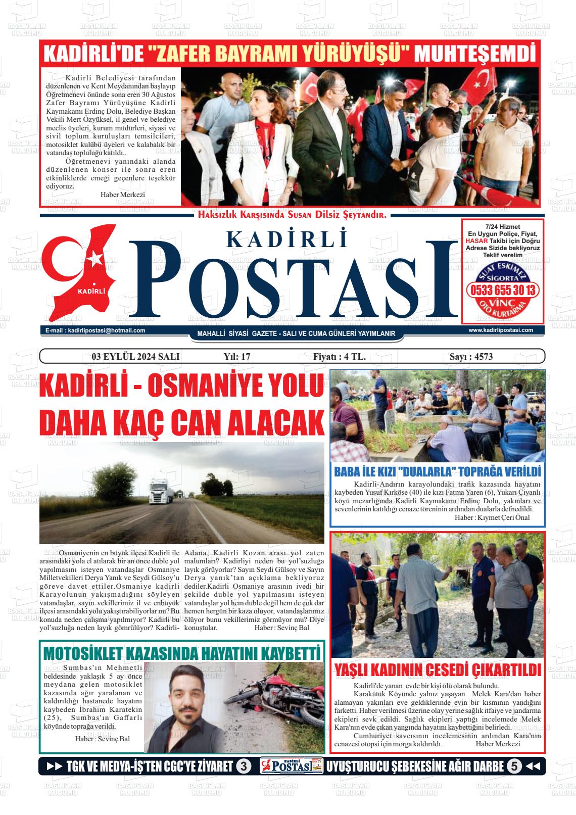 03 Eylül 2024 Kadirli Postası Gazete Manşeti