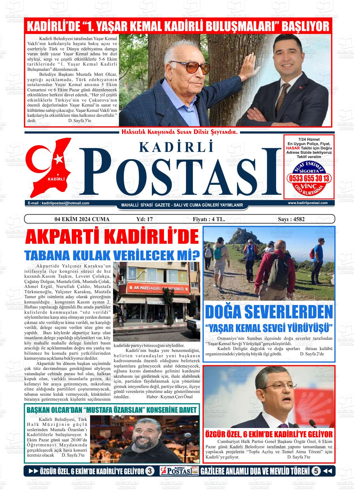 04 Ekim 2024 Kadirli Postası Gazete Manşeti