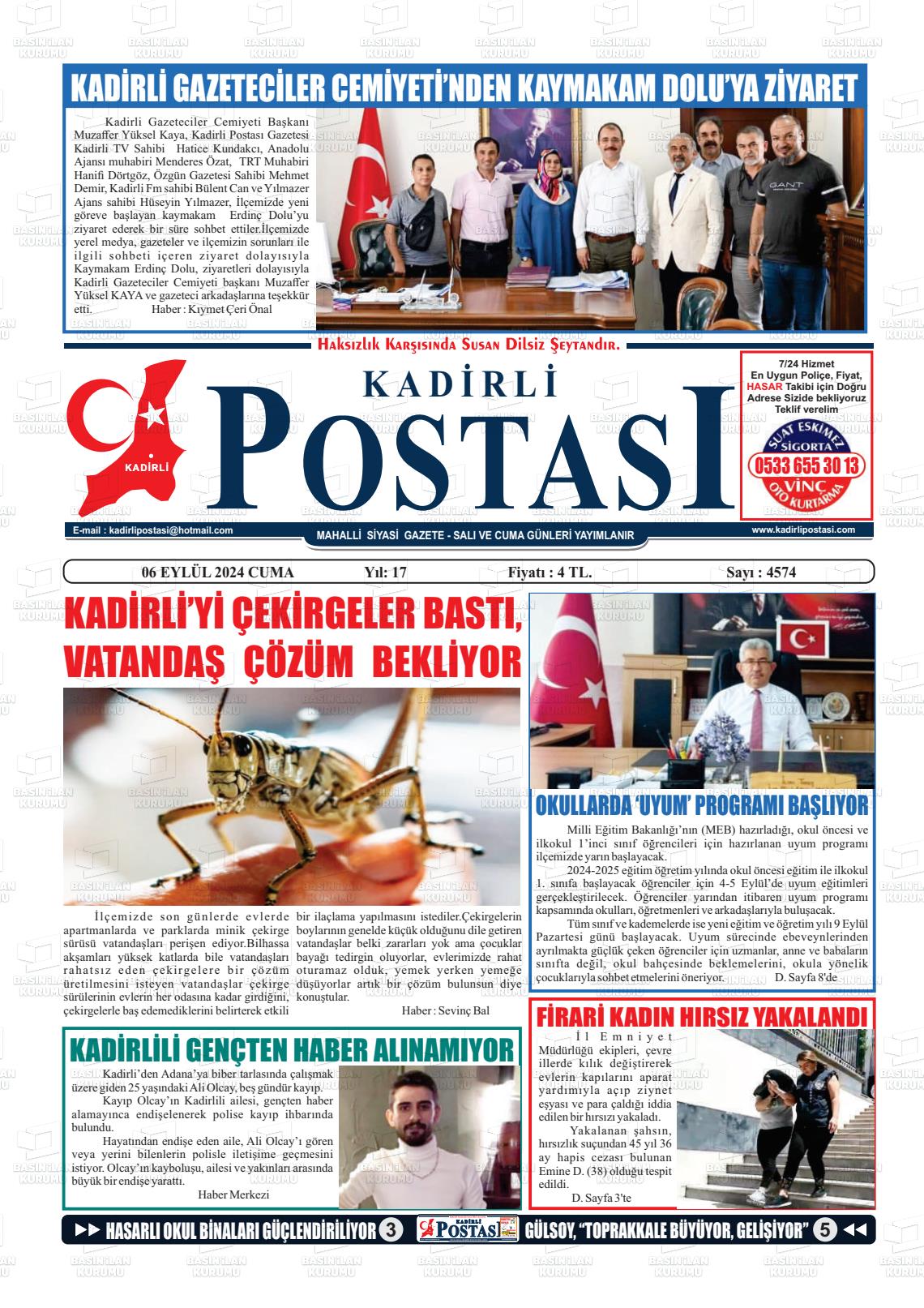 06 Eylül 2024 Kadirli Postası Gazete Manşeti