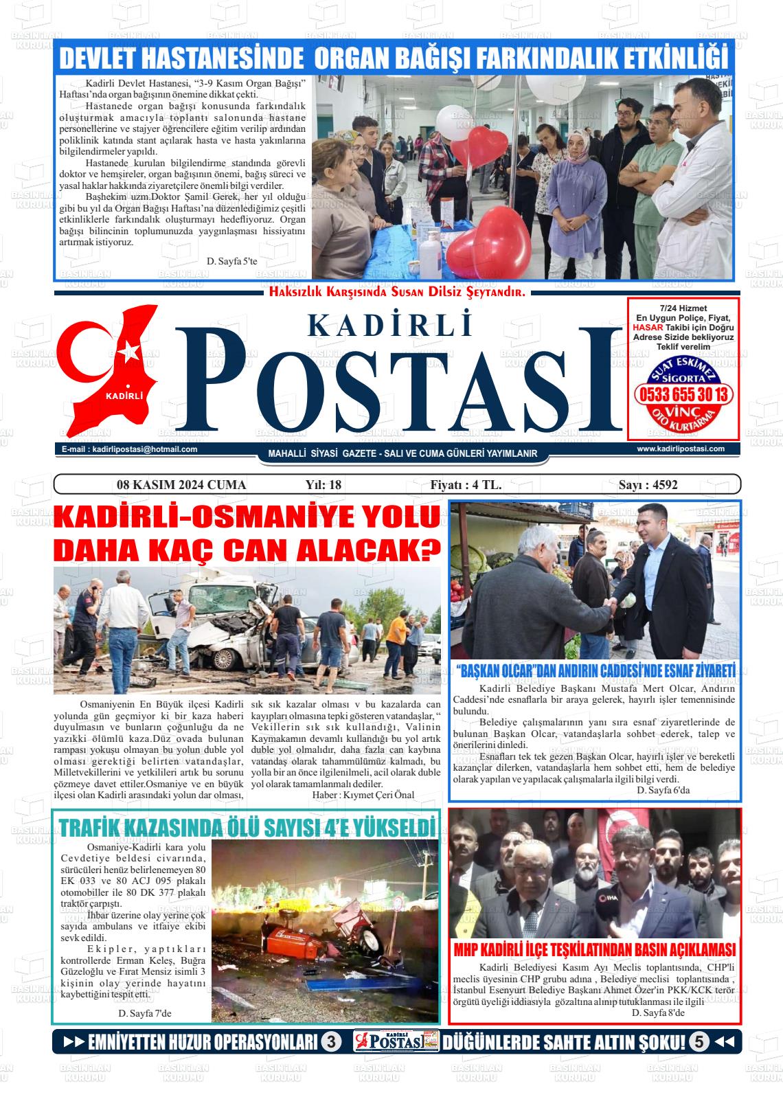 08 Kasım 2024 Kadirli Postası Gazete Manşeti