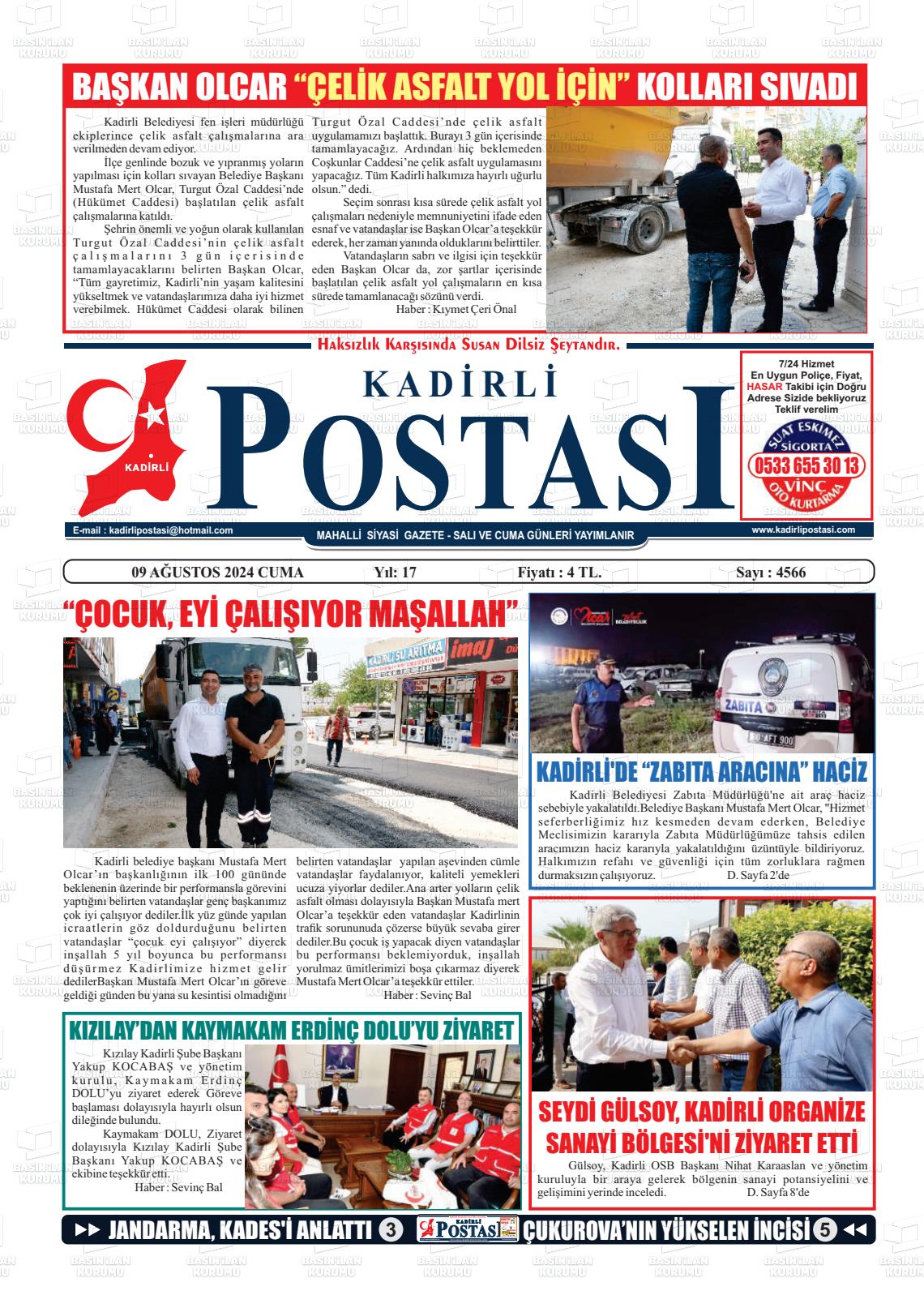 09 Ağustos 2024 Kadirli Postası Gazete Manşeti