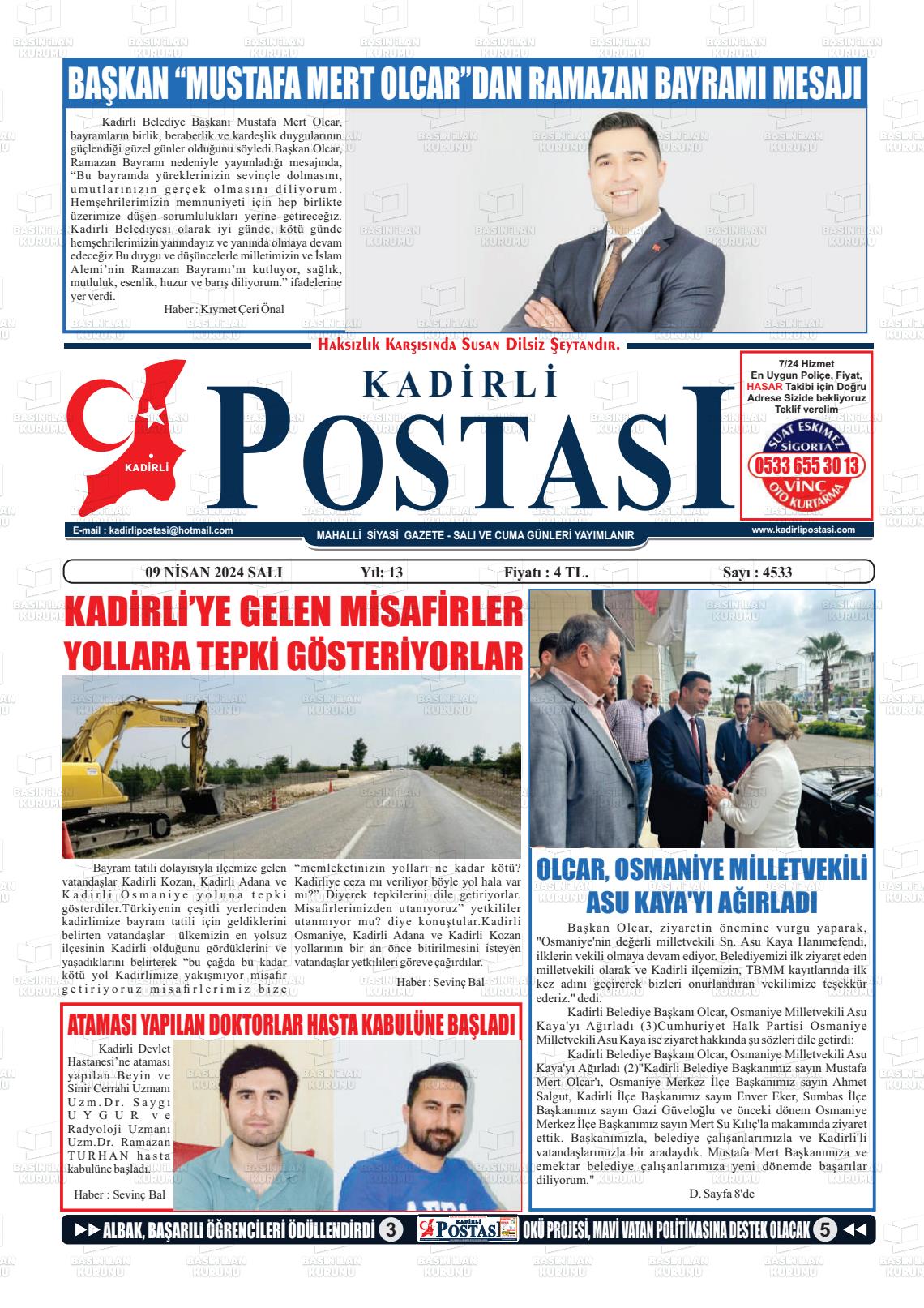 09 Nisan 2024 Kadirli Postası Gazete Manşeti