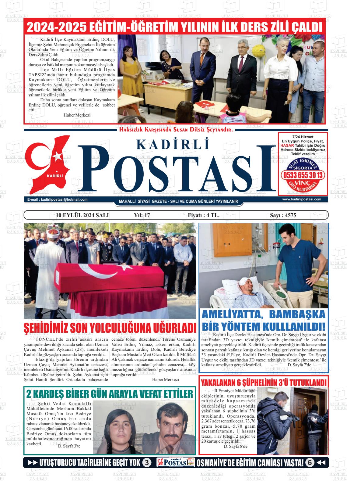 10 Eylül 2024 Kadirli Postası Gazete Manşeti