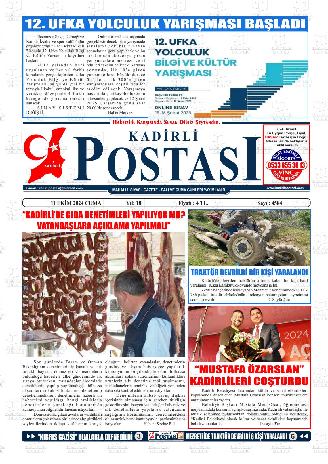 11 Ekim 2024 Kadirli Postası Gazete Manşeti