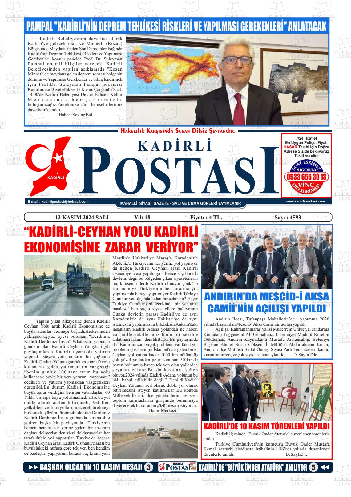 12 Kasım 2024 Kadirli Postası Gazete Manşeti