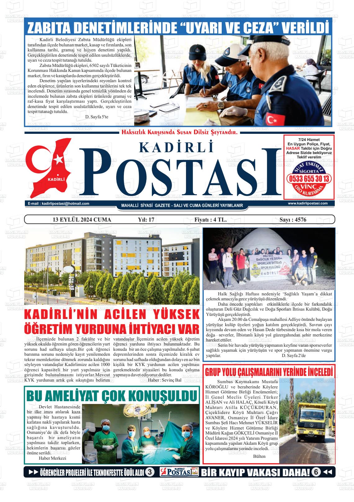 13 Eylül 2024 Kadirli Postası Gazete Manşeti