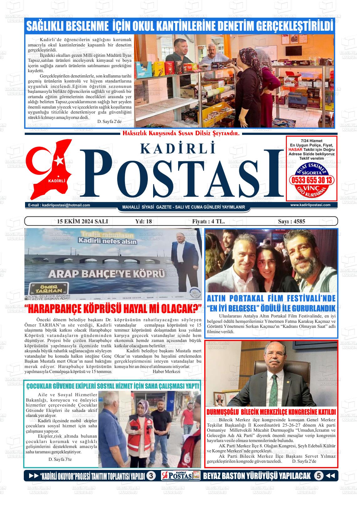 15 Ekim 2024 Kadirli Postası Gazete Manşeti