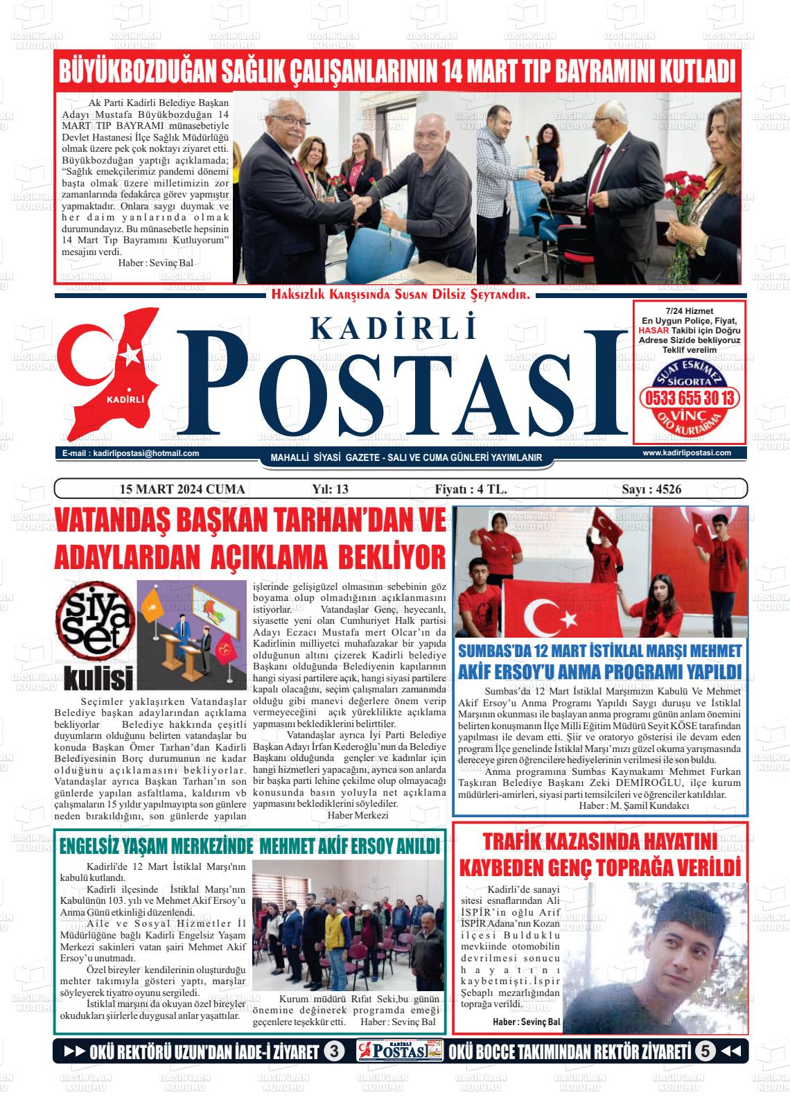 15 Mart 2024 Kadirli Postası Gazete Manşeti