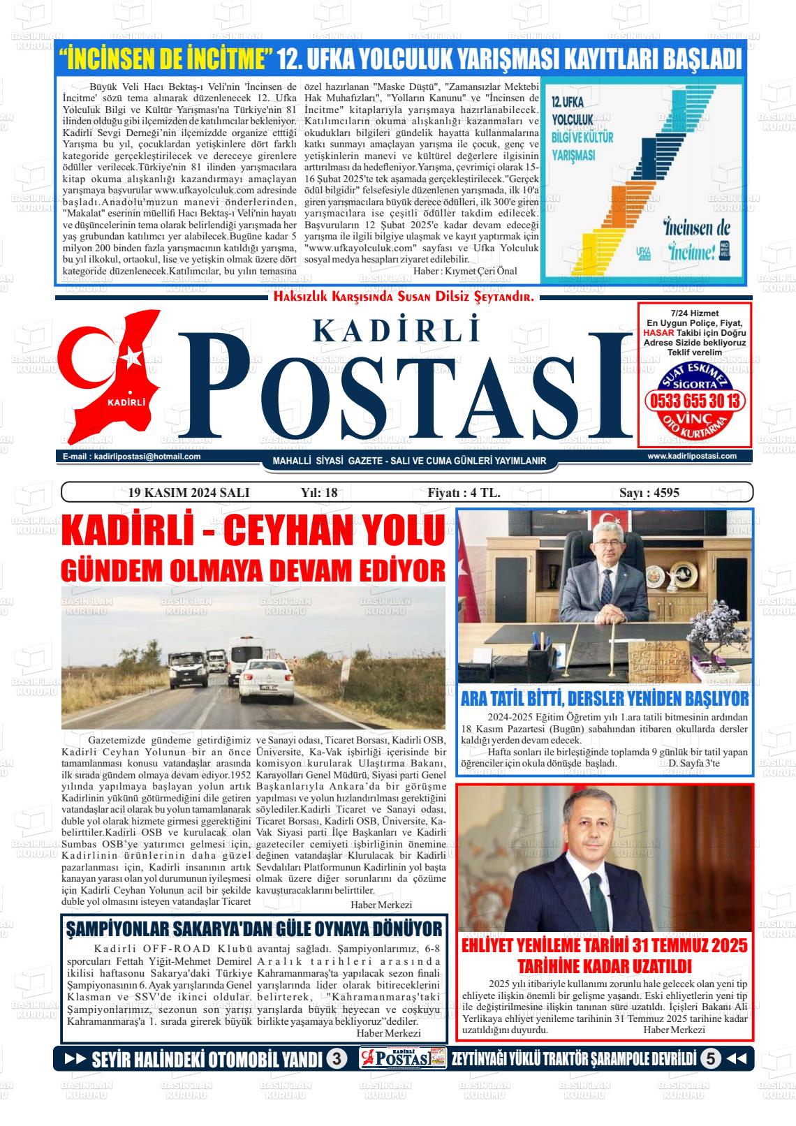 19 Kasım 2024 Kadirli Postası Gazete Manşeti