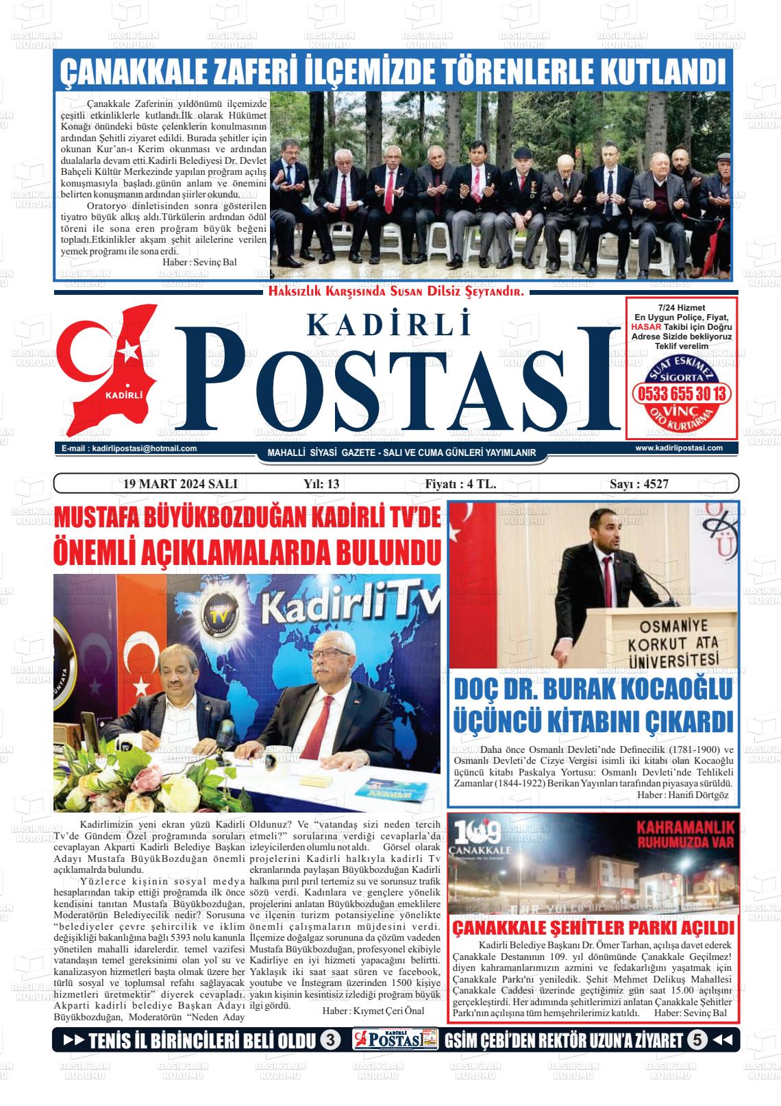 19 Mart 2024 Kadirli Postası Gazete Manşeti