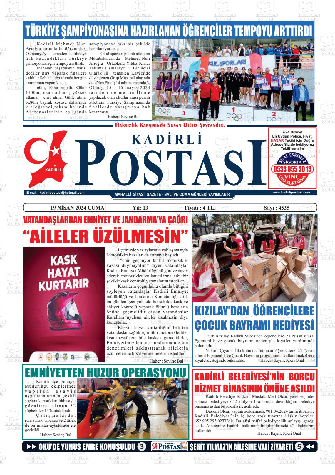 19 Nisan 2024 Kadirli Postası Gazete Manşeti