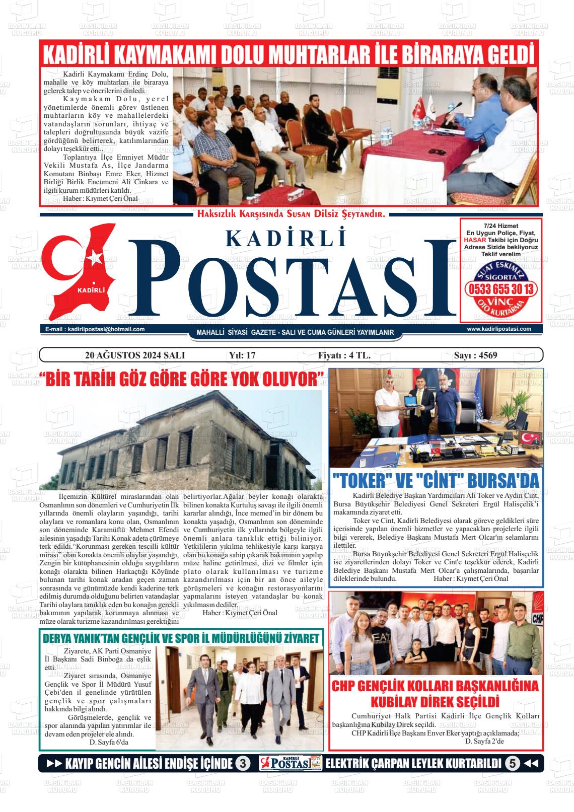 20 Ağustos 2024 Kadirli Postası Gazete Manşeti