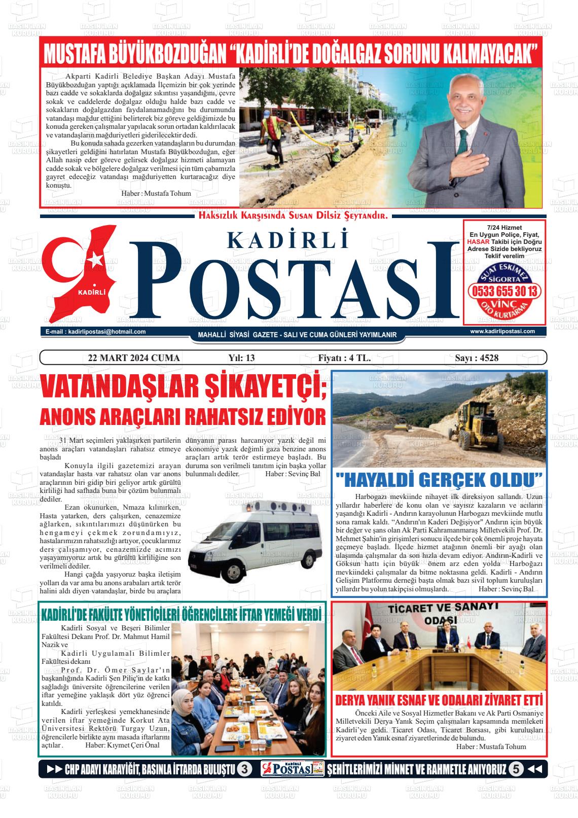 22 Mart 2024 Kadirli Postası Gazete Manşeti