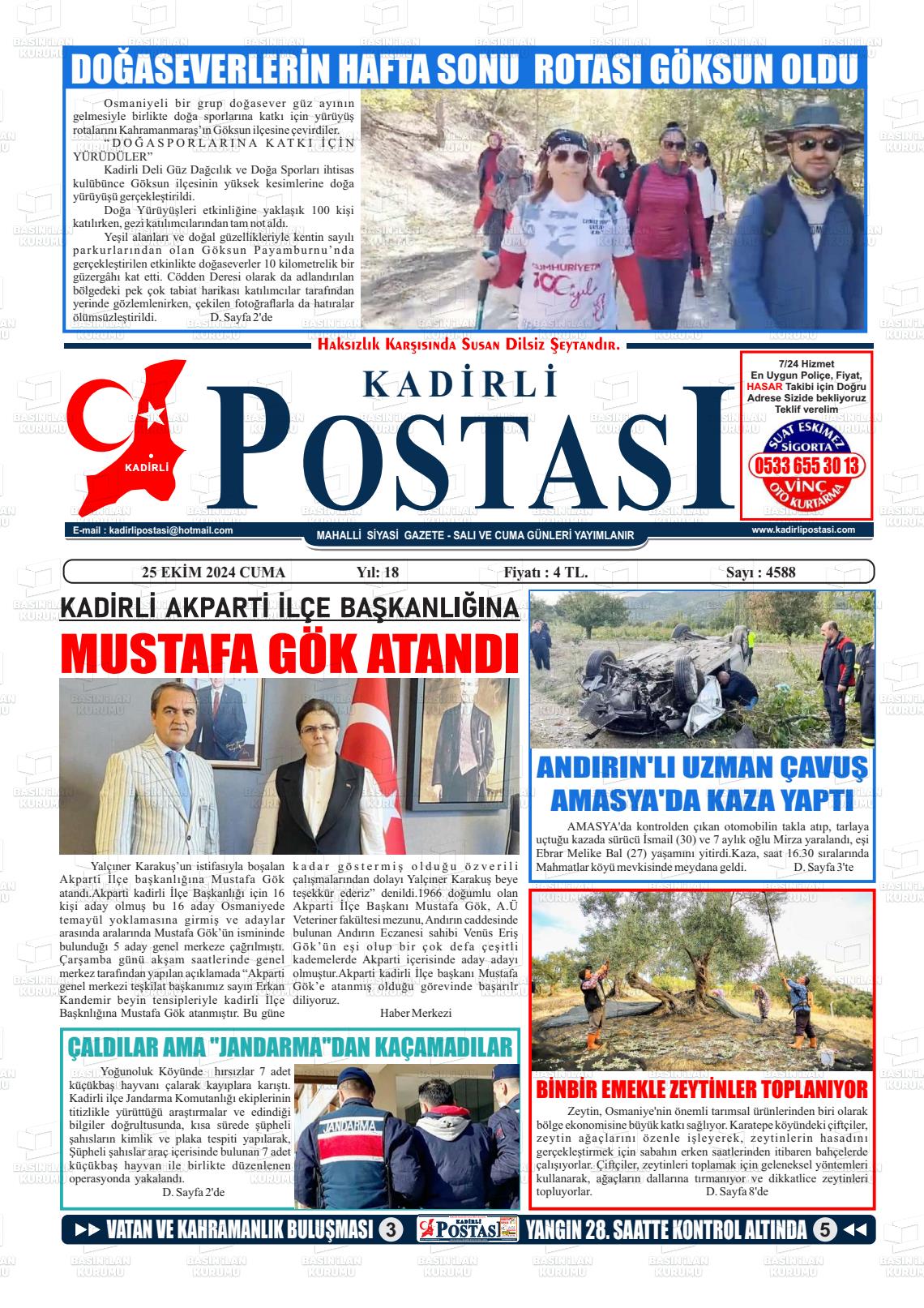 25 Ekim 2024 Kadirli Postası Gazete Manşeti